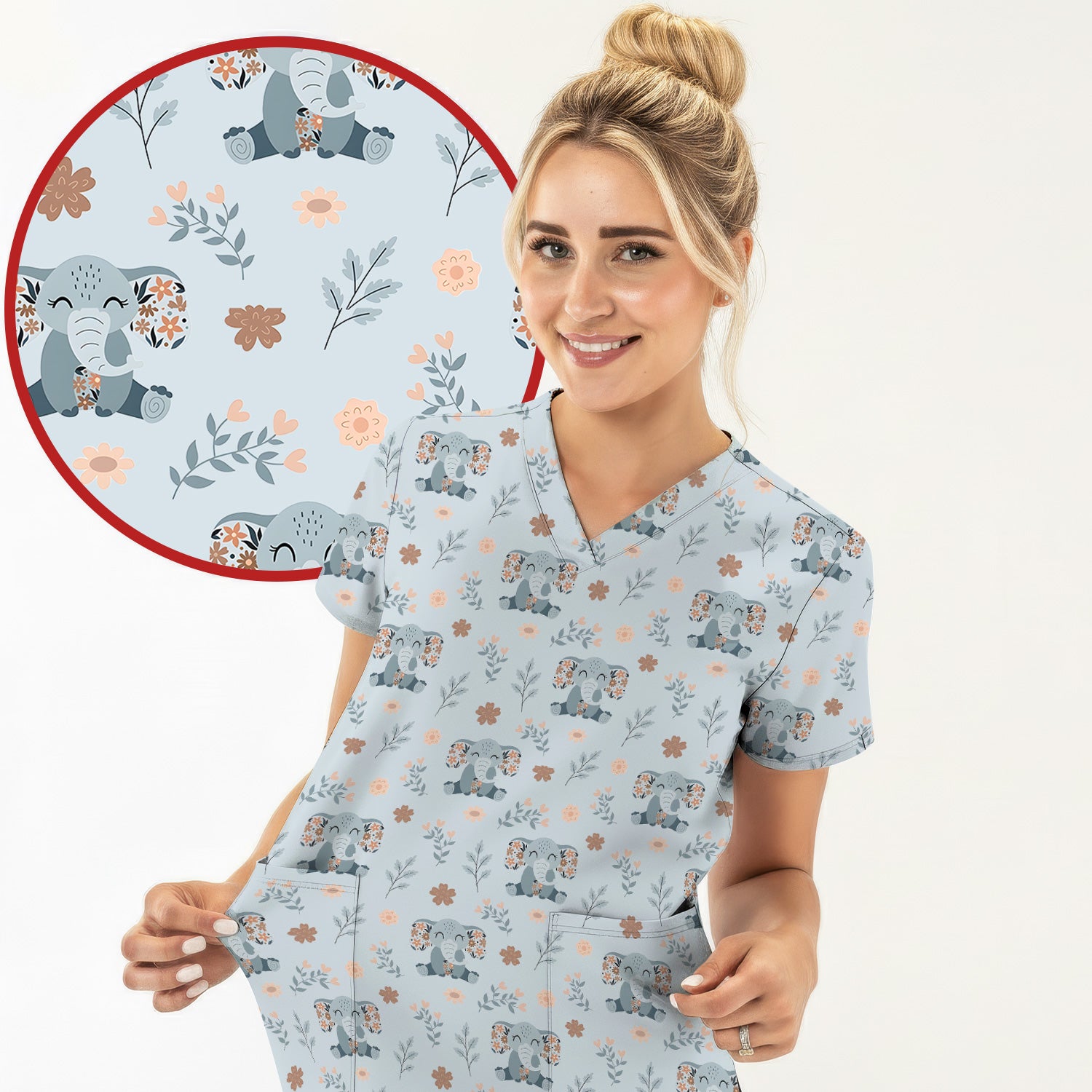 Cute Elephant Floral Print Scrub Top, Comfortable Scrubs for Nurses