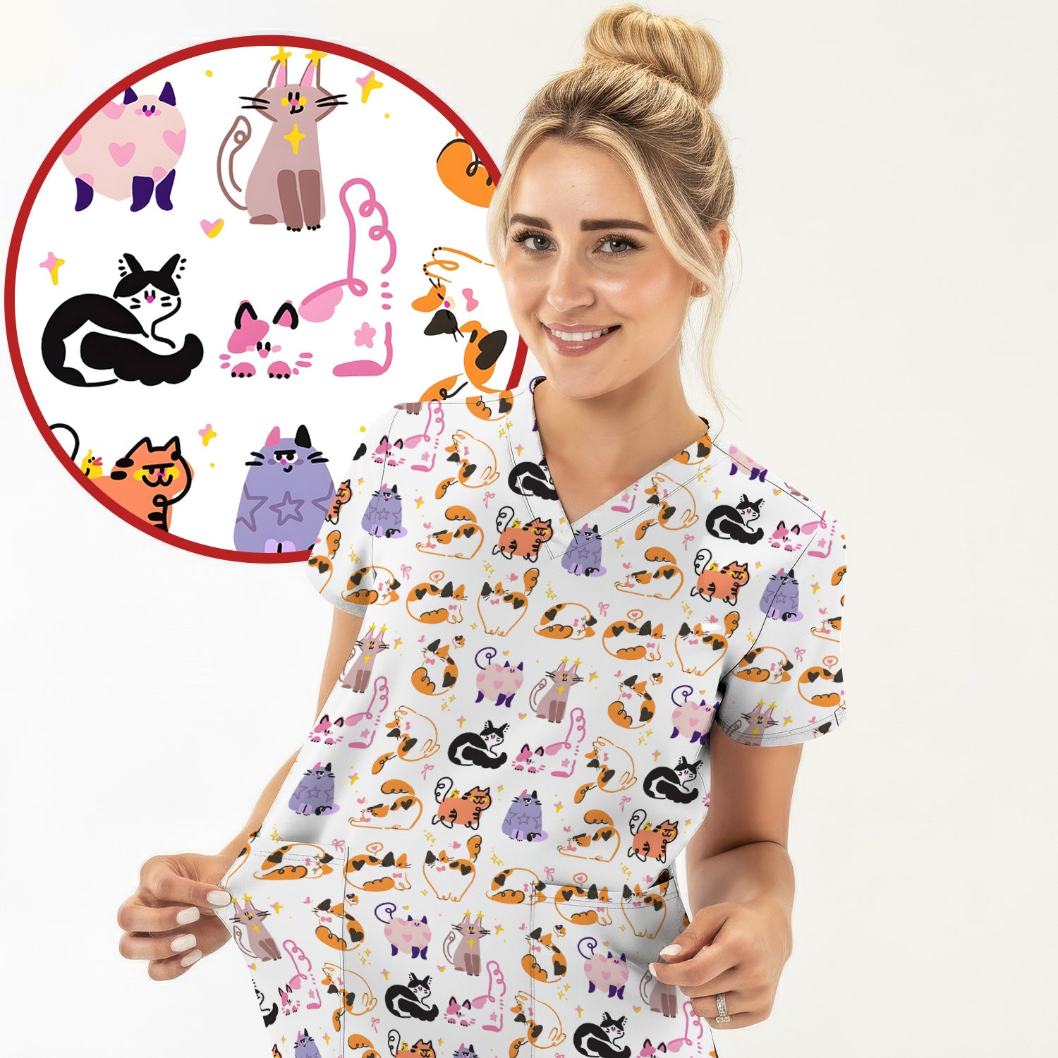 Funny Cat Pattern Scrub Top, Cute Cats Nursing Uniform For Women
