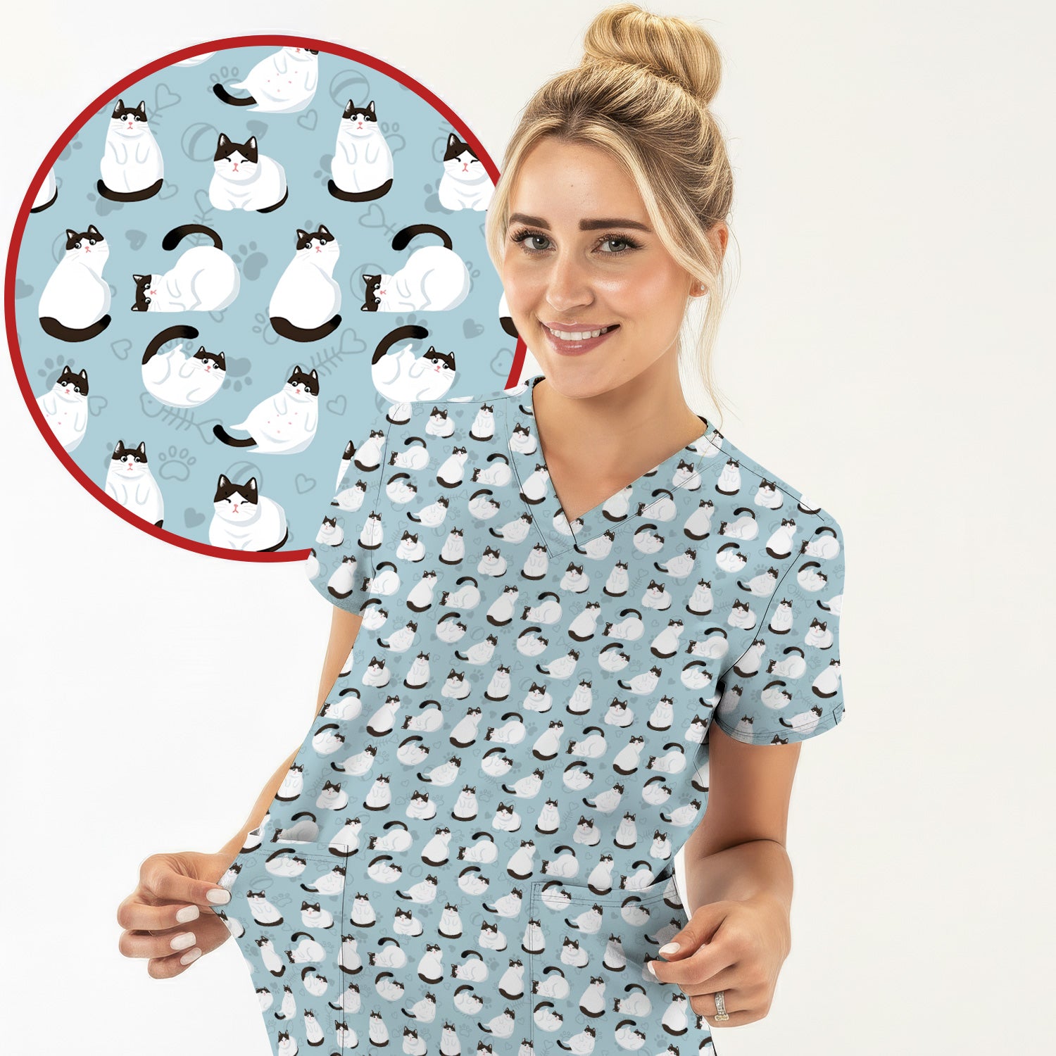 Cute Cat Pattern Medical Scrub Top, Breathable Fabrics Nursing Uniform
