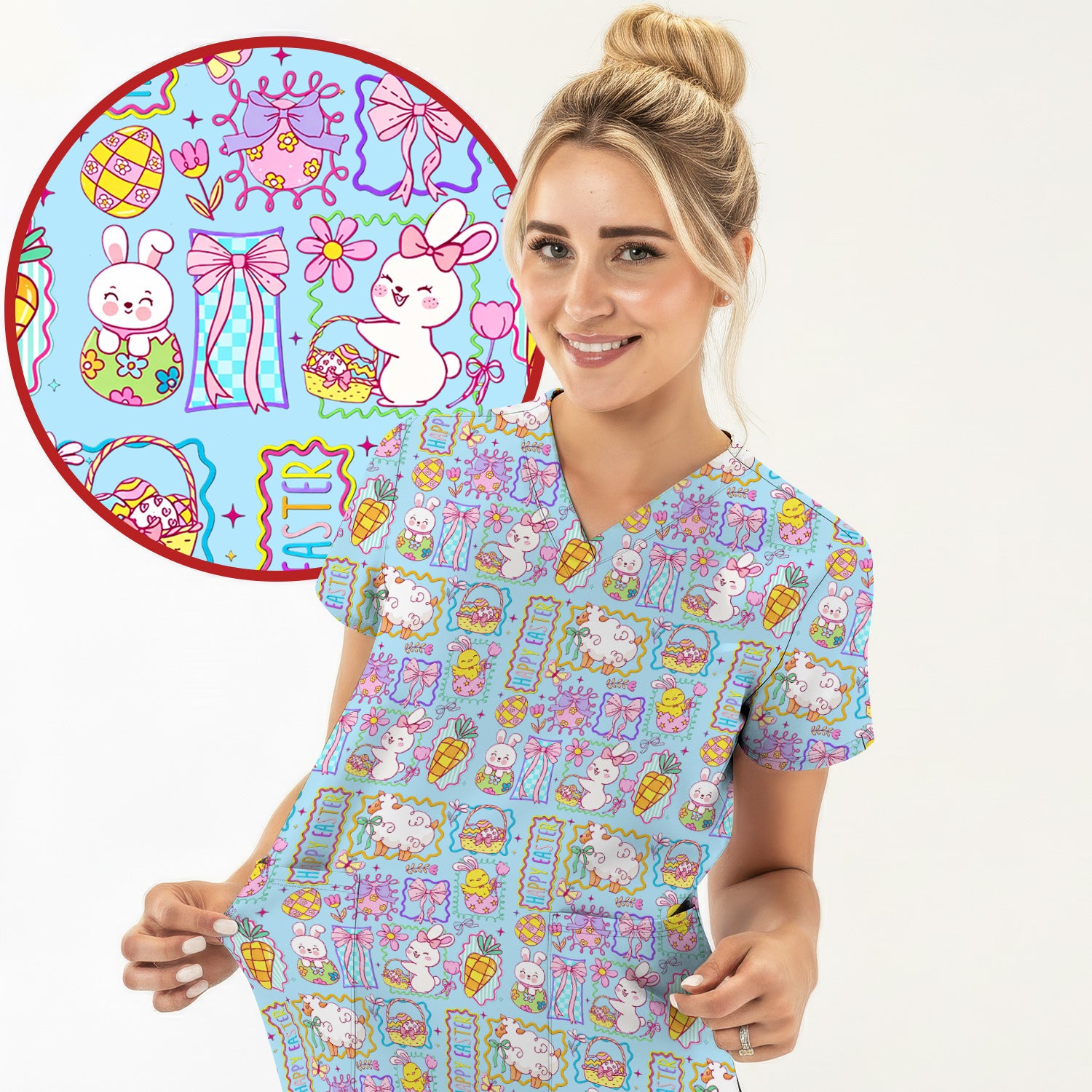 Cute Easter Bunny Egg and Bow Print Scrub Top, Breathable Fabrics Nursing Uniform
