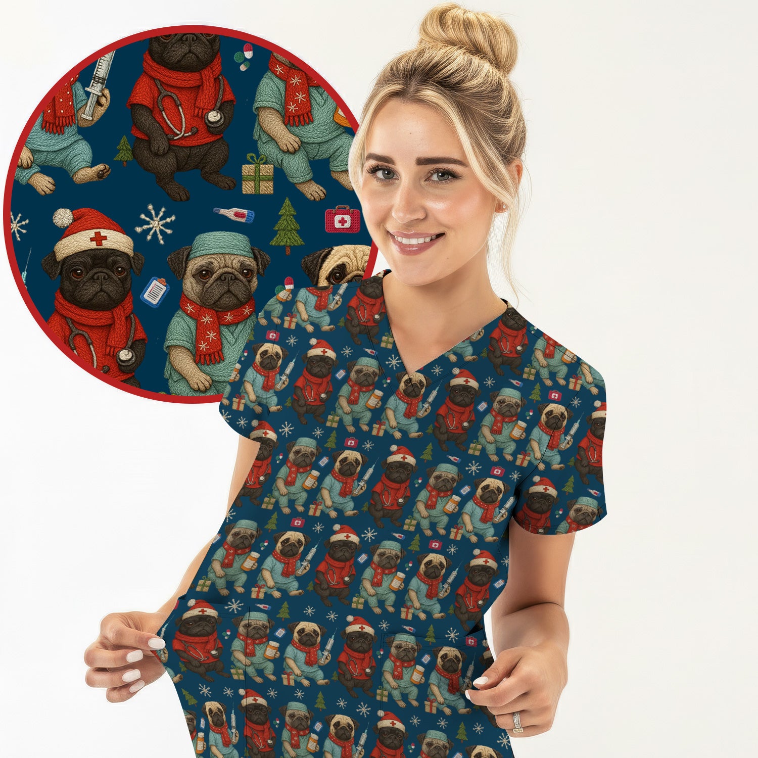 Christmas Pug Nurse Scrub Top, Cute Holiday Dog Medical Uniform Shirt For Nursing