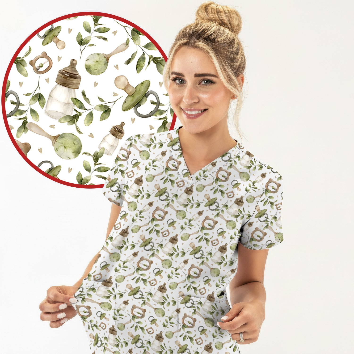 Cute Baby Bottle and Greenery Pattern Scrub Top, Breathable Fabrics Nursing Uniform