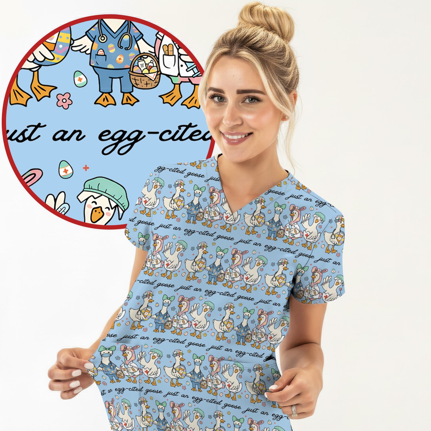 Funny Easter Nurse Goose Pattern Scrub Top, Comfortable Scrubs for Nurses
