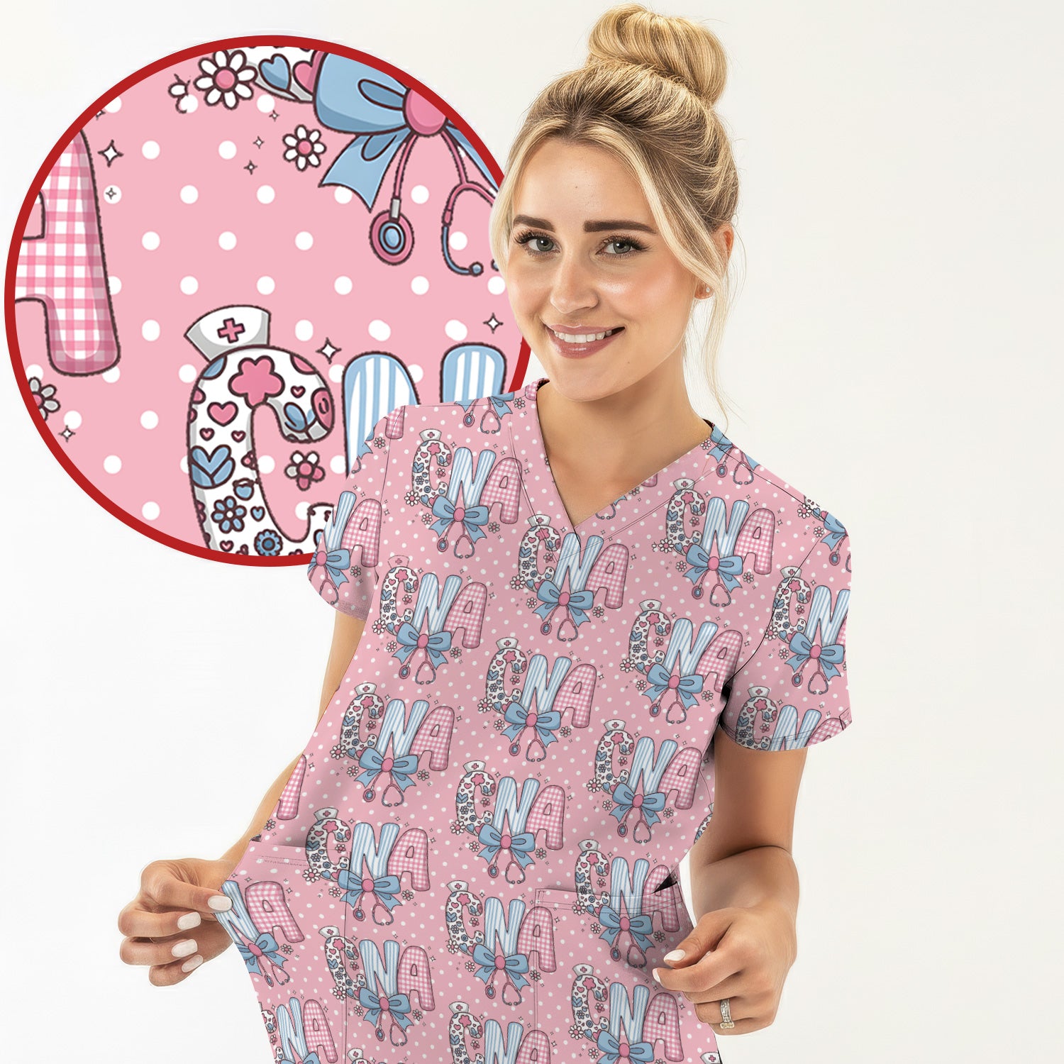 Cute CNA Floral Bow Pattern Scrub Top, Breathable Fabrics Nursing Uniform