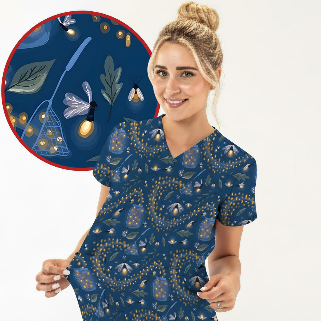 Cute Nurse Firefly Pattern Scrub Top, Comfortable Scrubs For Nurses