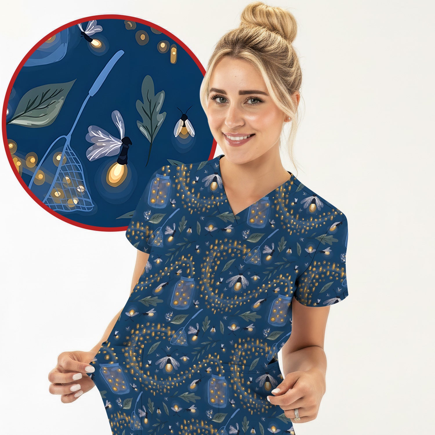 Cute Nurse Firefly Pattern Scrub Top, Comfortable Scrubs For Nurses