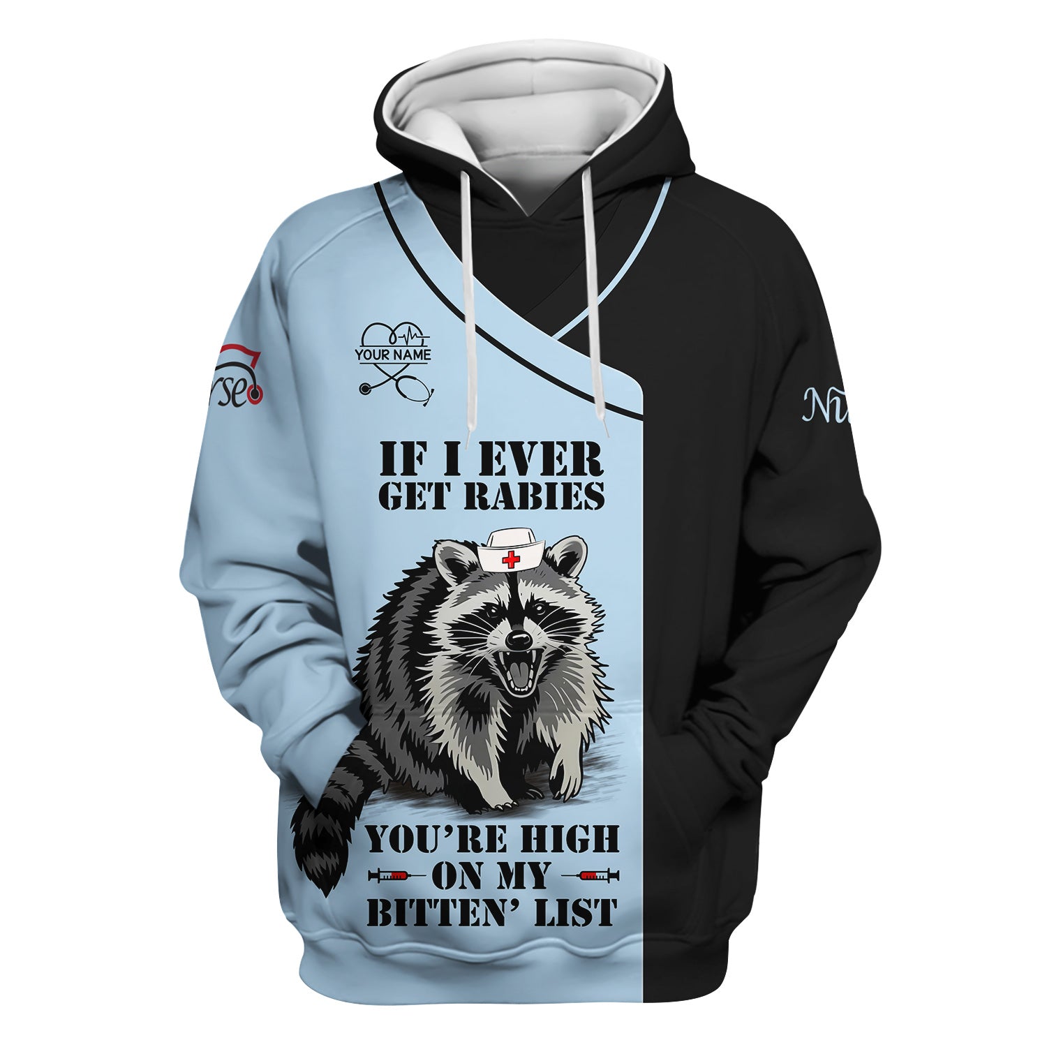 Personalized Funny Nurse Scrub Top with Raccoon - You're High On My Bitten List - Gift for RN LPN CNA Women