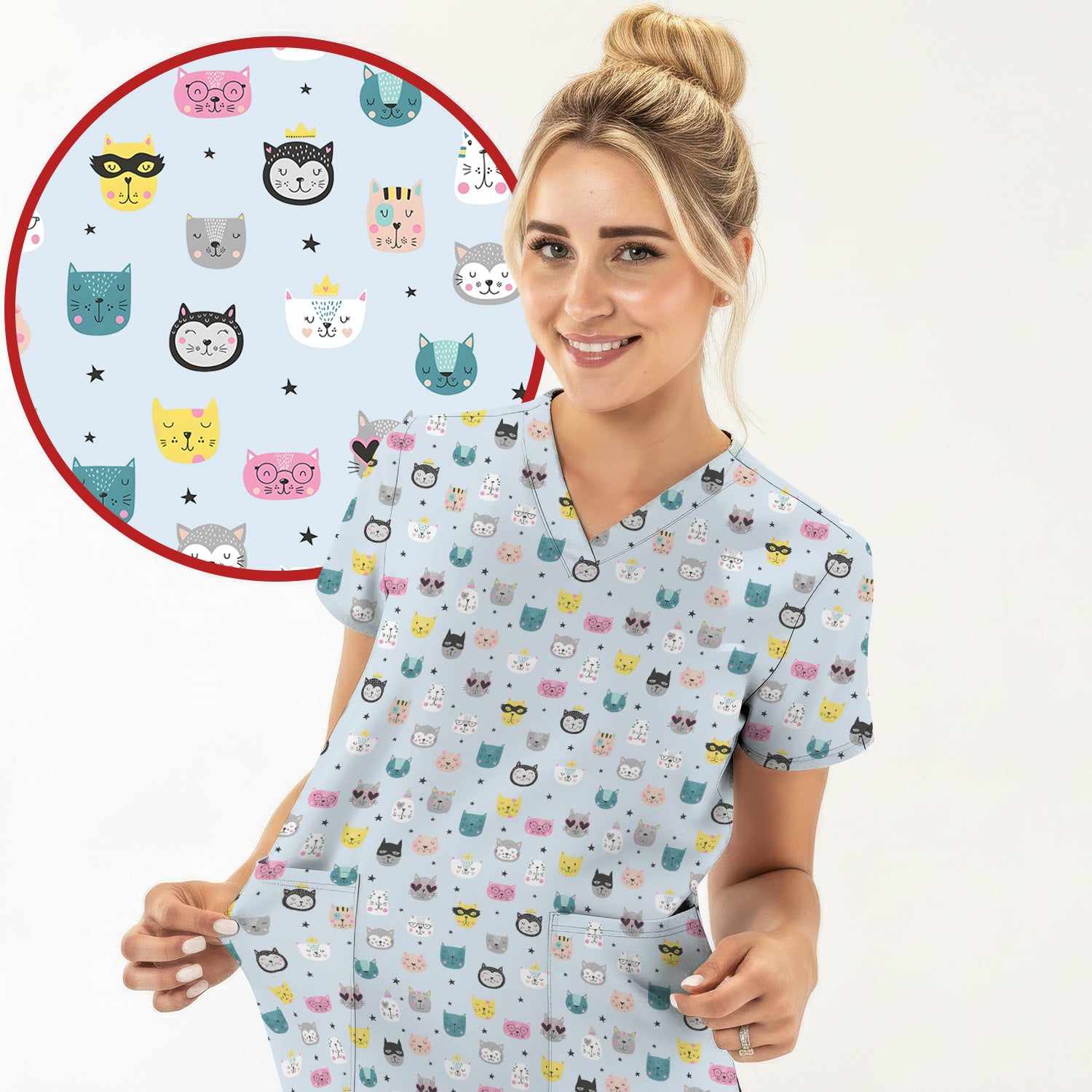 Cute Colorful Cat Pattern Scrub Top, Comfortable Scrubs for Nurses