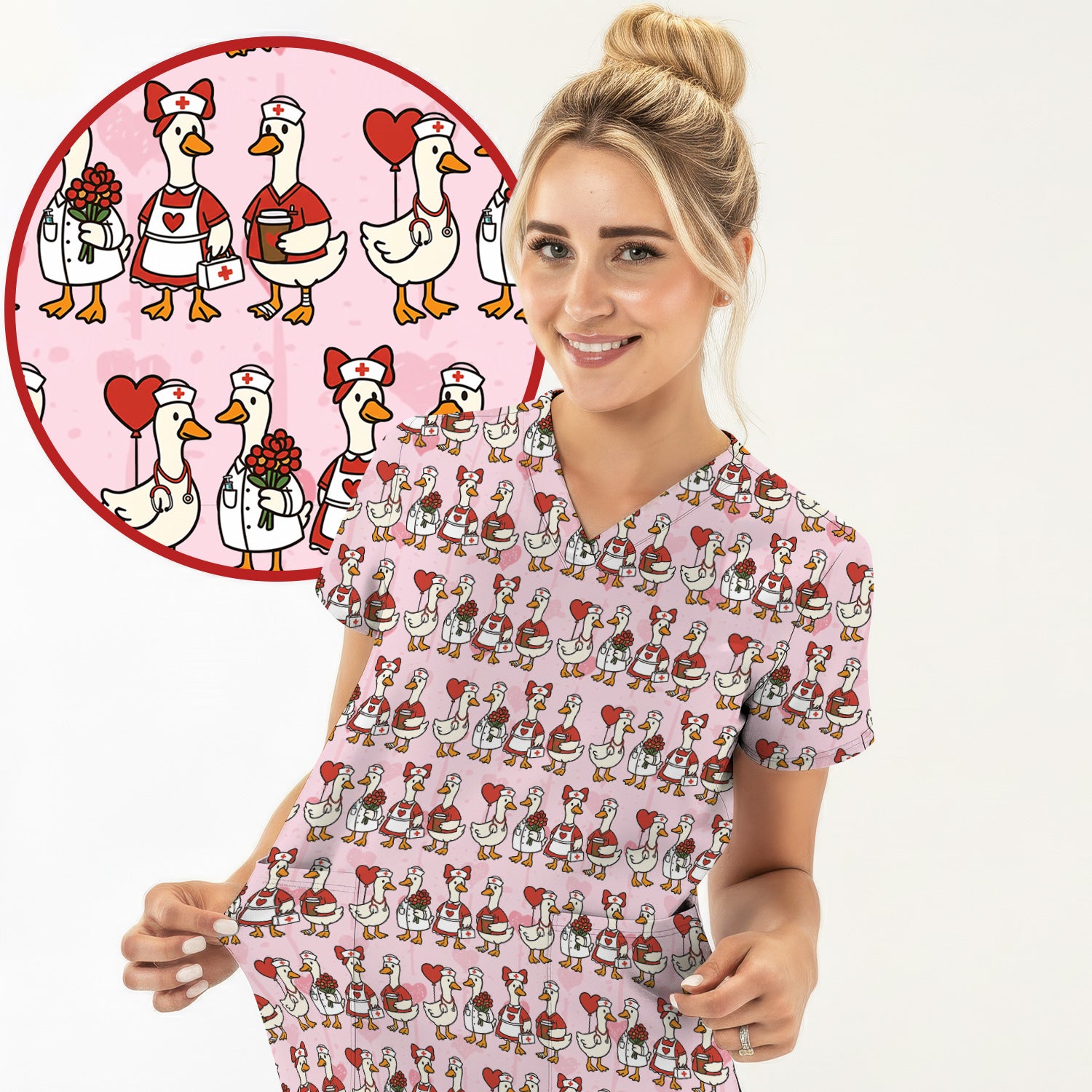 Valentine Nurse Goose with Heart Pattern Scrub Set, Scrub Pants and V Neck Top