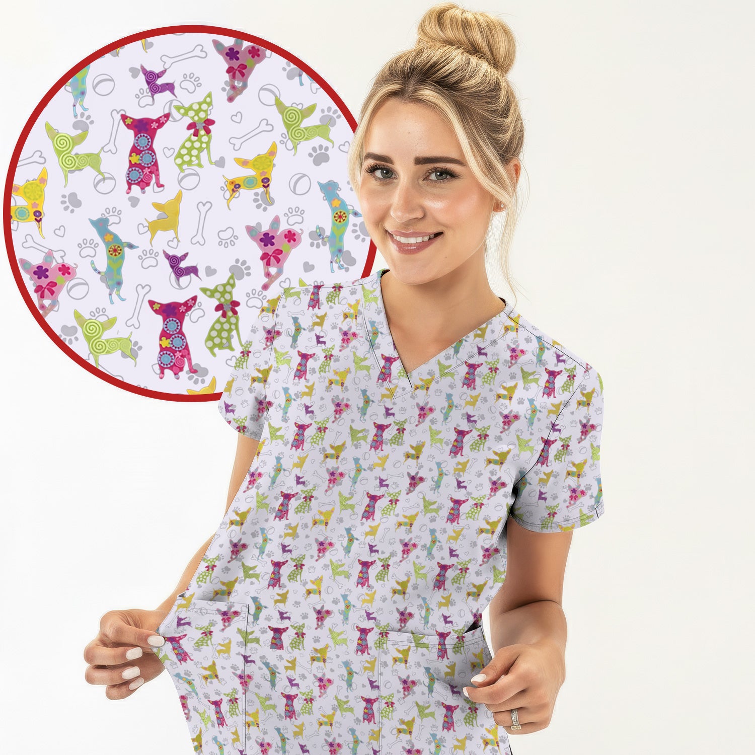 Colorful Playful Dog Print Nurse Scrub Top, Comfortable Scrubs for Nurses