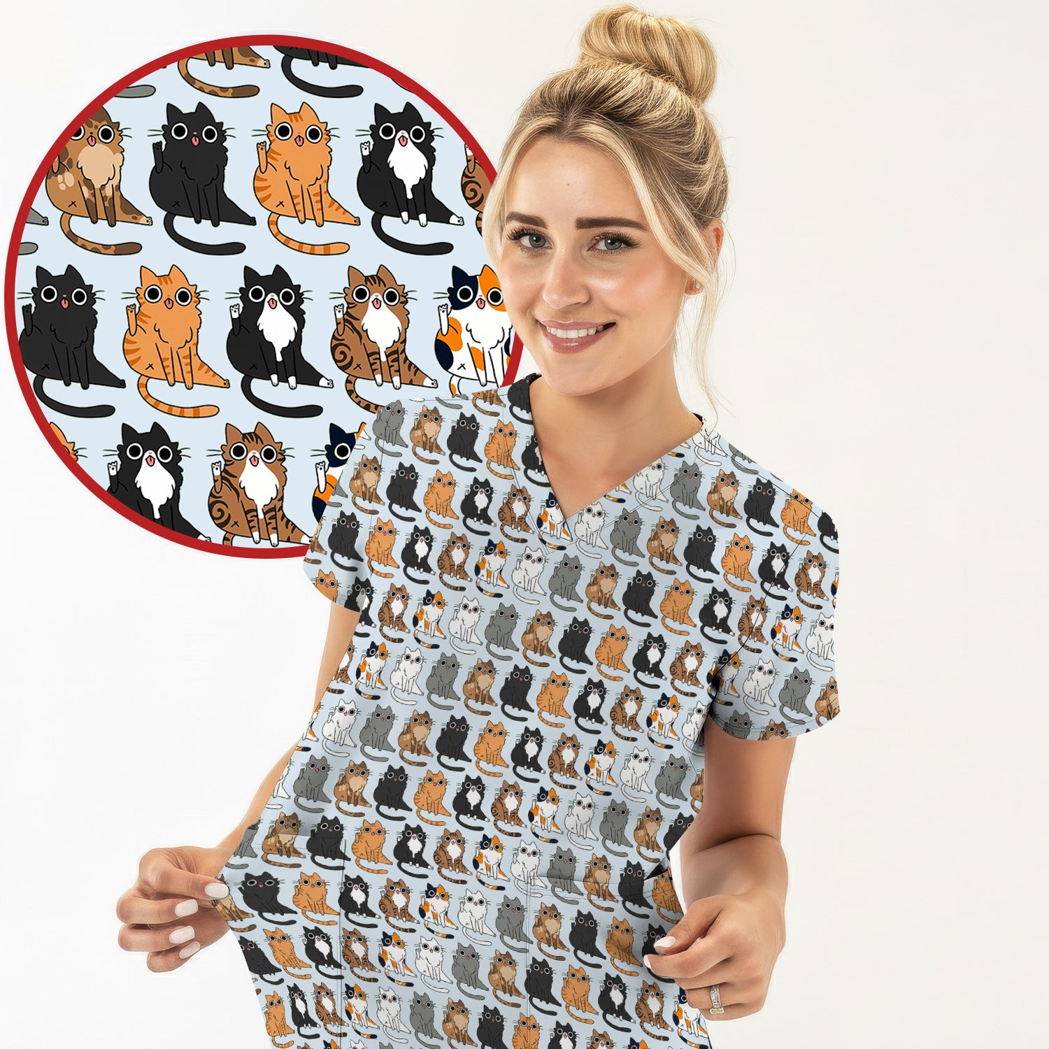 Cute Cartoon Cat Pattern Scrub Top, Comfortable Scrubs for Nurses