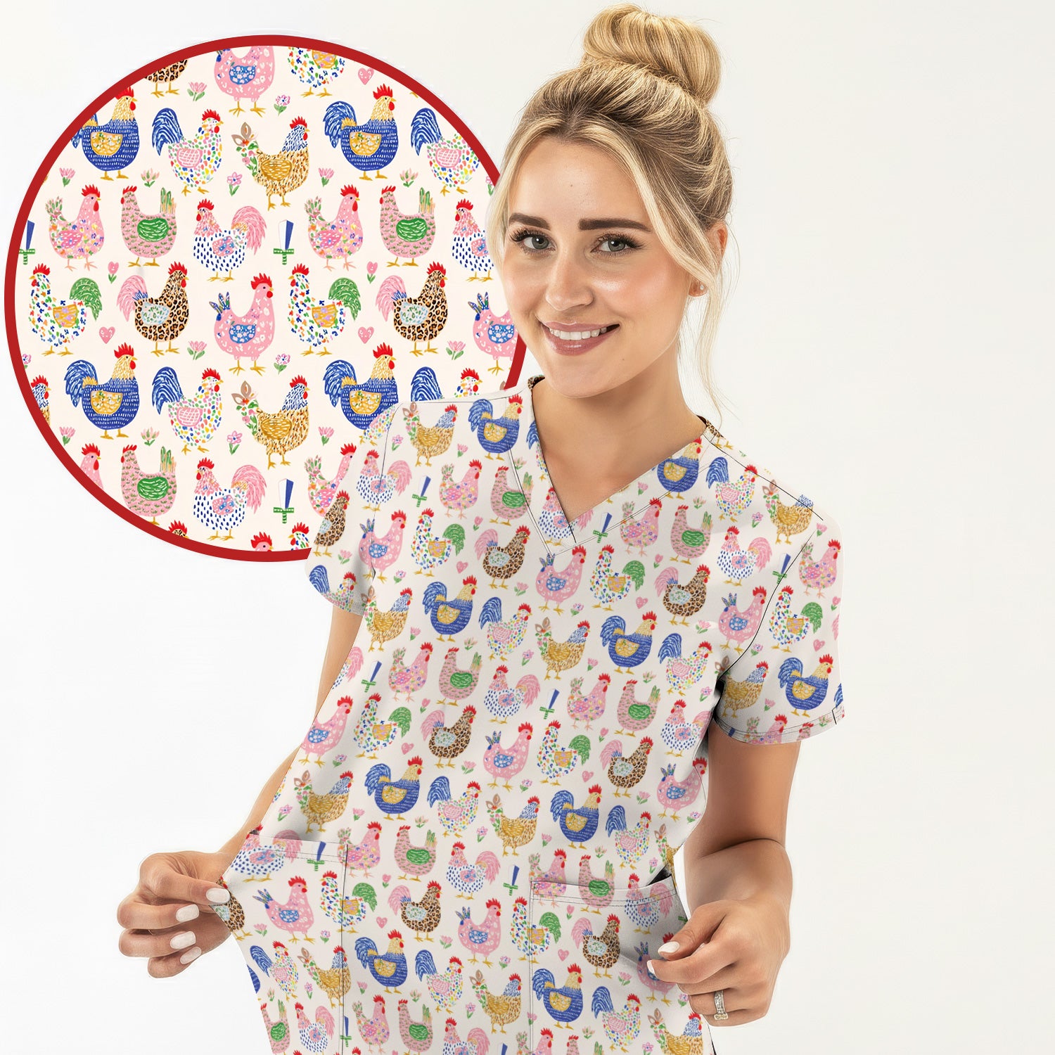 Colorful Chicken Farm Pattern Scrub Top, Breathable Fabrics Nursing Uniform