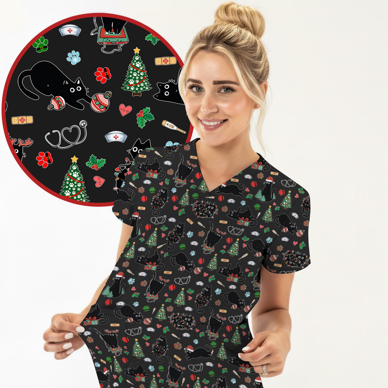 Black Cat Christmas Nurse Scrub Top, Festive Kitty Medical Uniform Shirt for Women