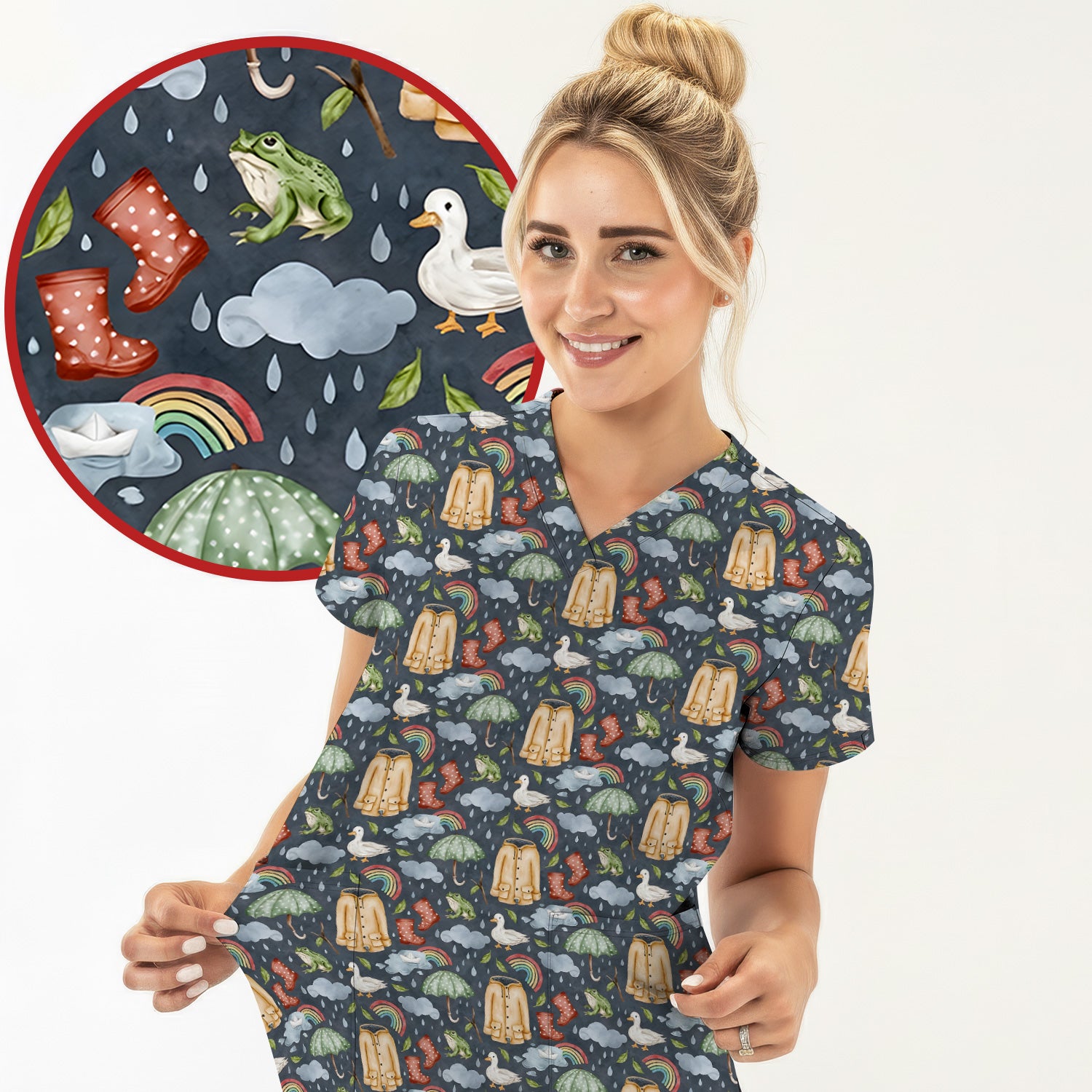 Cute Rainy Day Ducks & Frog Rainbow Pattern Scrub Top, Colorful Gothic Nurse Scrubs Uniform