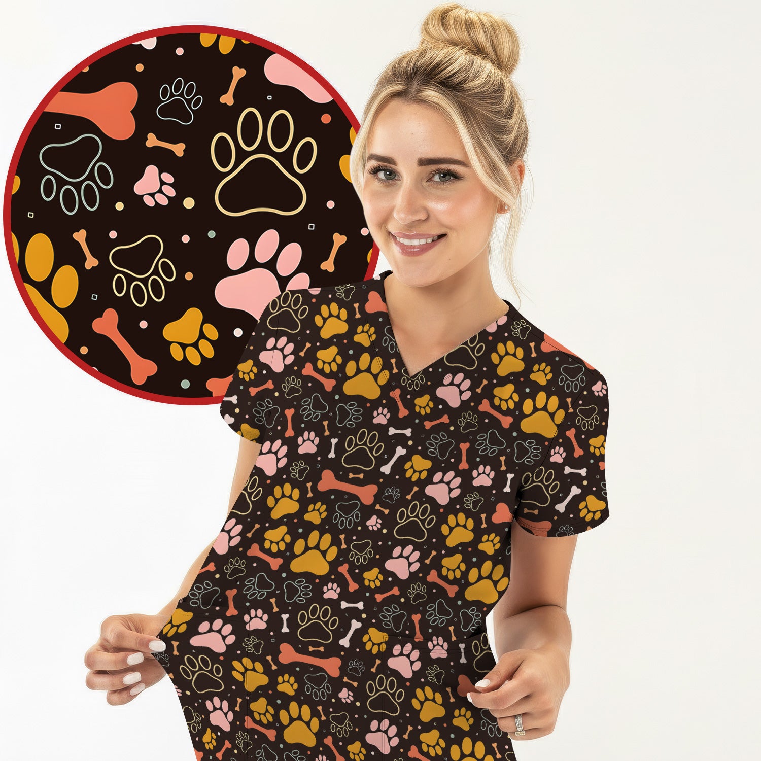 Cute Paw Print Dog Pattern Scrub Top, Comfortable Scrubs for Nurses