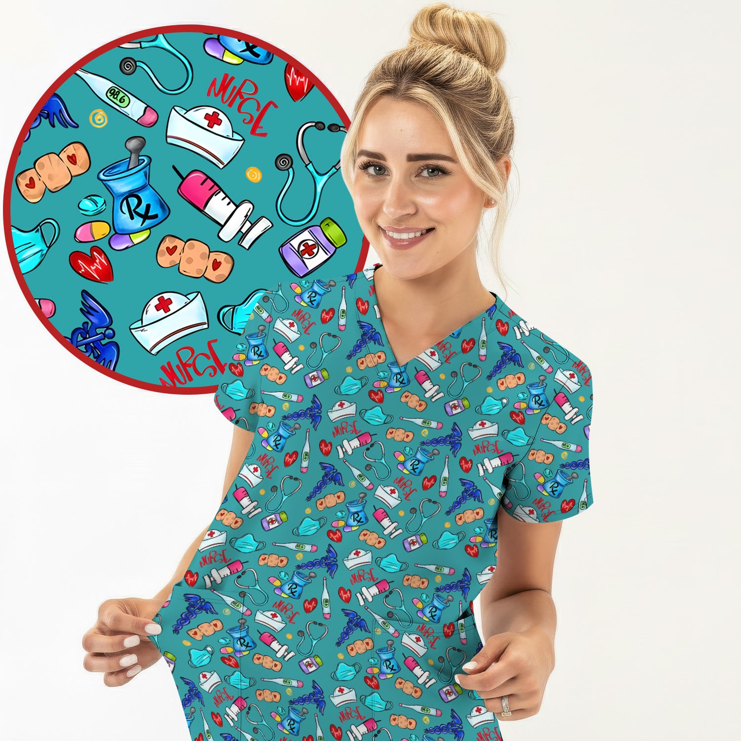 Nurse Medical Icons Stethoscope Heart Pattern Scrub Top, Comfortable Scrubs for Nurses