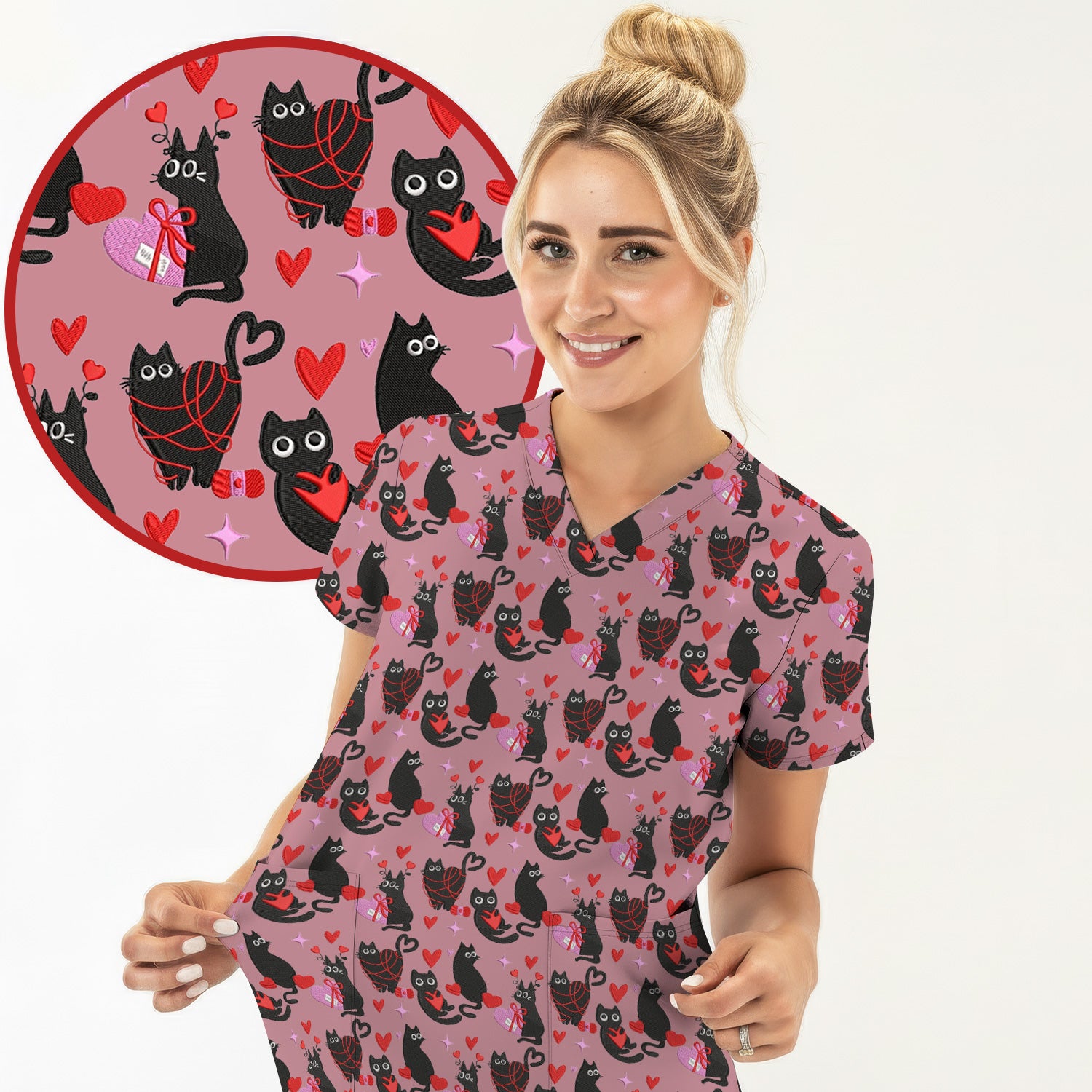 Valentine’s Day Scrub Top, Cute Black Cat With Heart Pattern Nurse Shirt, Breathable Fabrics Nursing Uniform