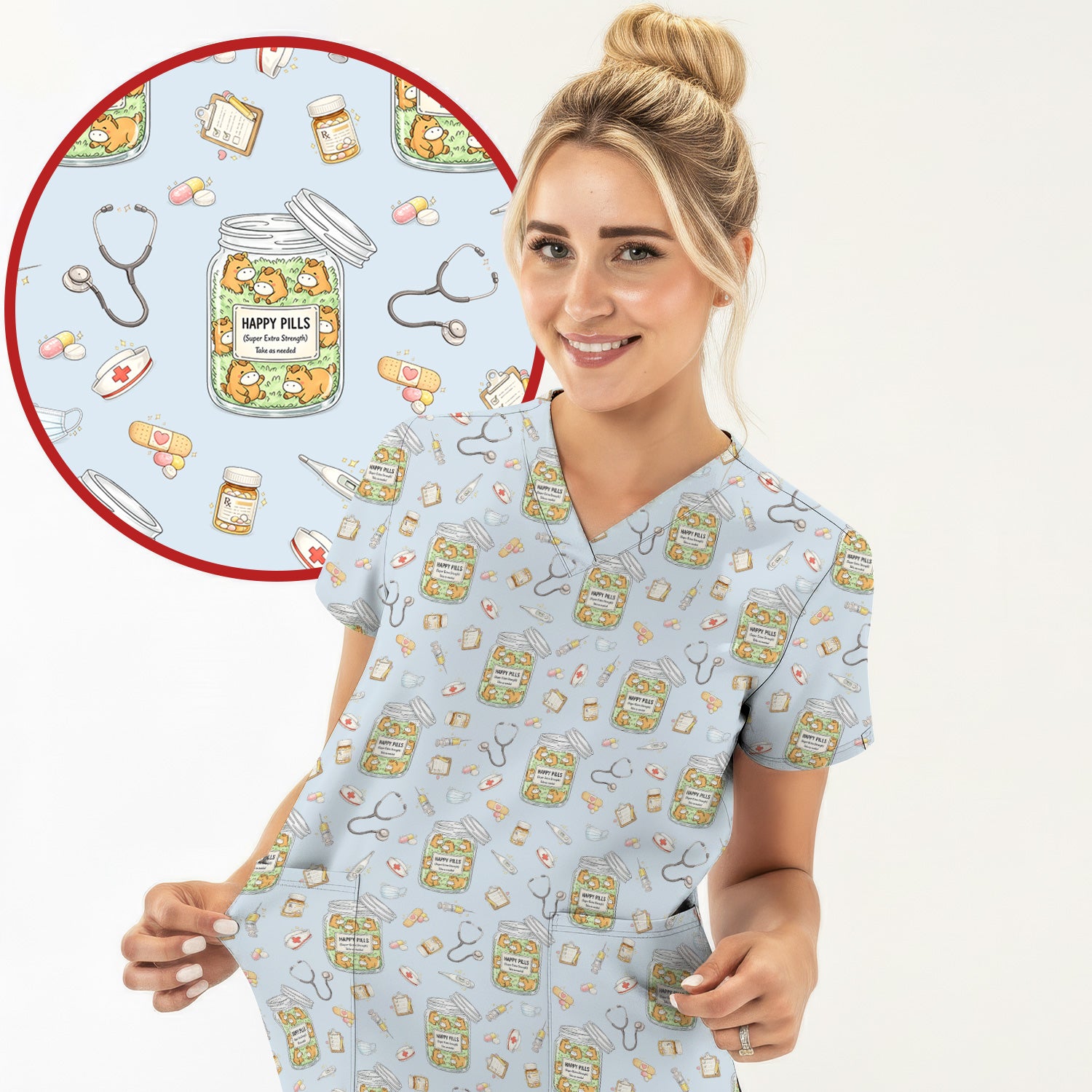 Happy Pills Horse Medical Print Nurse Scrub Top, Comfortable Scrubs for Nurses