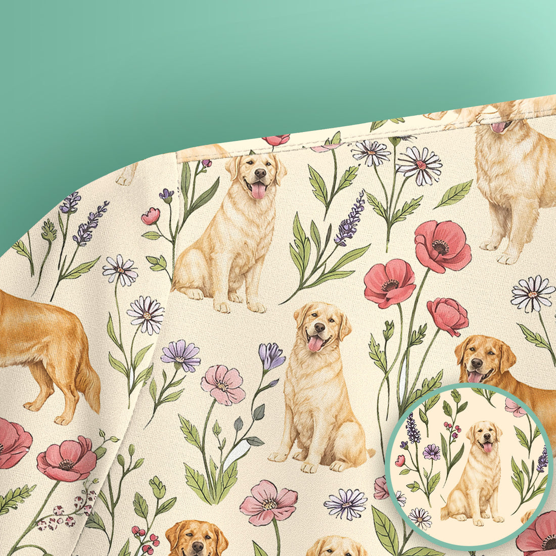 Cute Golden Retriever Floral Pattern Scrub Top, Breathable Fabrics Nursing Uniform