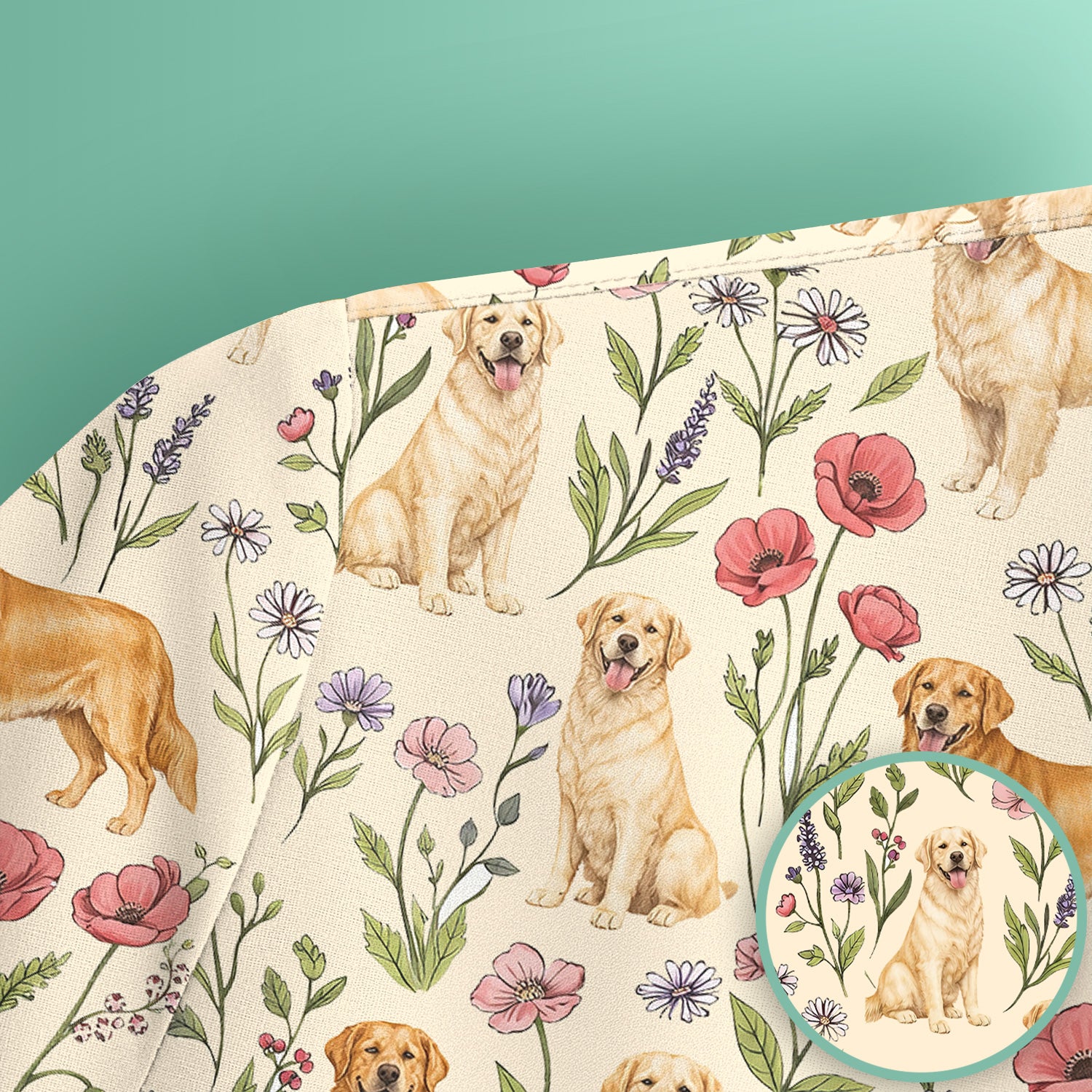 Cute Golden Retriever Floral Pattern Scrub Top, Breathable Fabrics Nursing Uniform