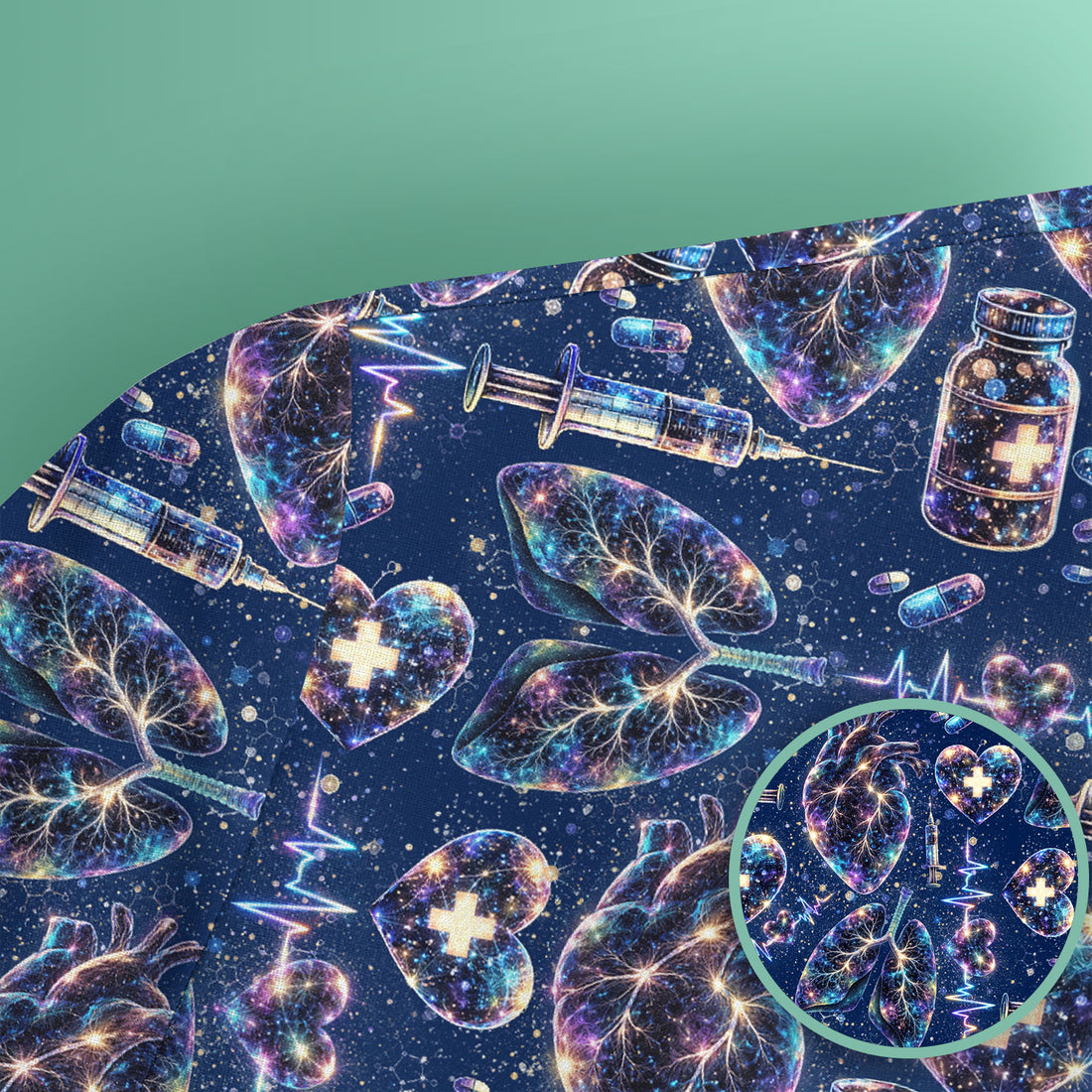 Galaxy Anatomical Heart Lung Syringe Print Scrub Top, Breathable Fabrics Nursing Uniform