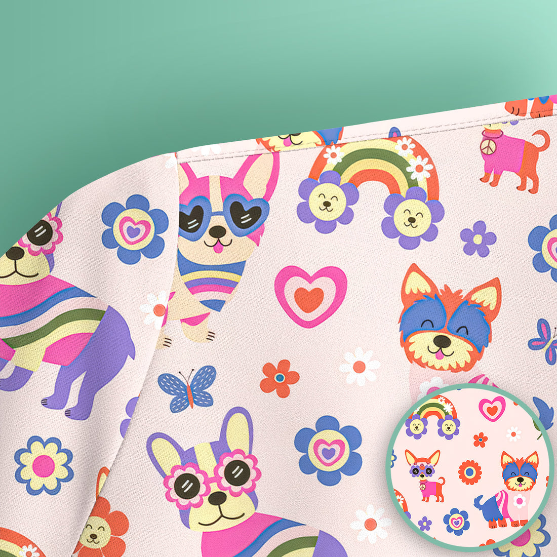 Colorful Cartoon Dogs With Rainbow Flowers Pattern Scrub Top, Breathable Fabrics Nursing Uniform