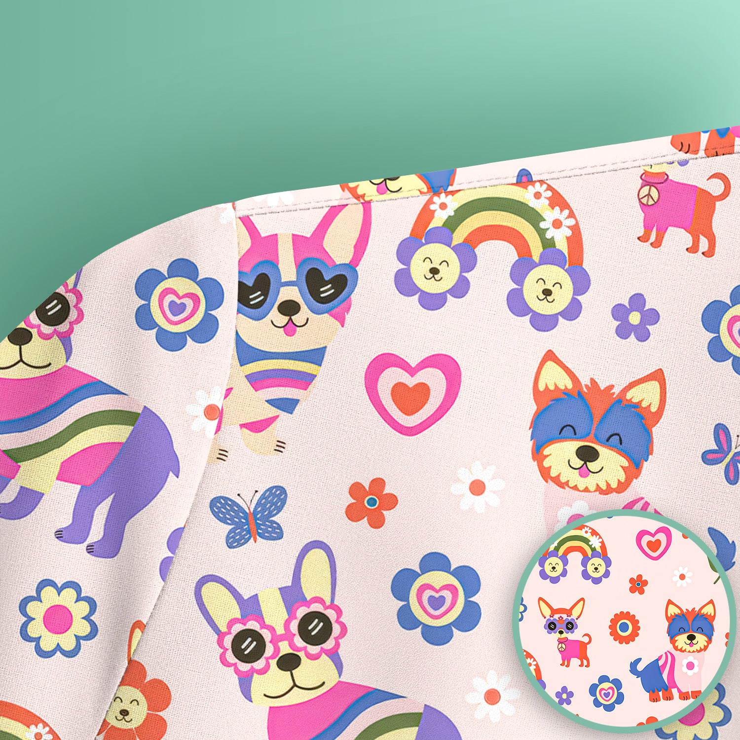 Colorful Cartoon Dogs With Rainbow Flowers Pattern Scrub Top, Breathable Fabrics Nursing Uniform