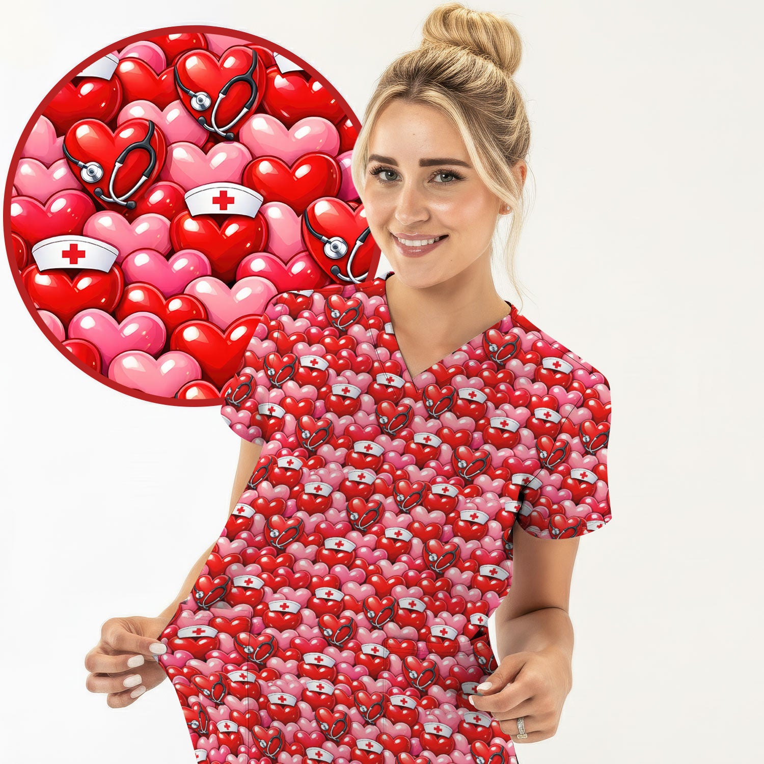 Valentine Pattern Nurse Scrub Top, Heart With Stethoscope Love Medical Shirt For Women, Breathable Fabrics Nursing Uniform