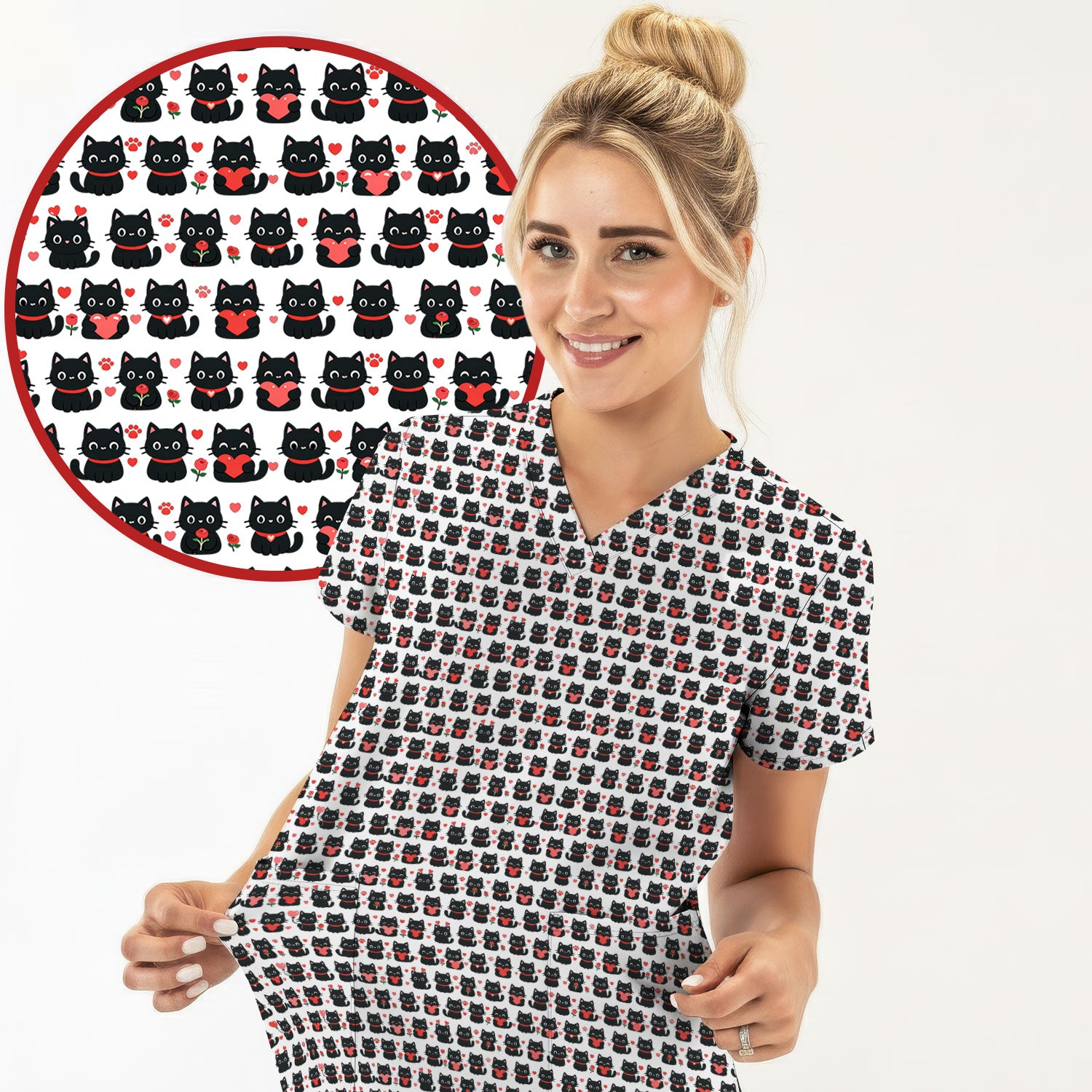 Black Cat Valentine Nurse Scrub Top, Cute Heart Pattern Medical Shirt, Breathable Fabrics Nursing Uniform