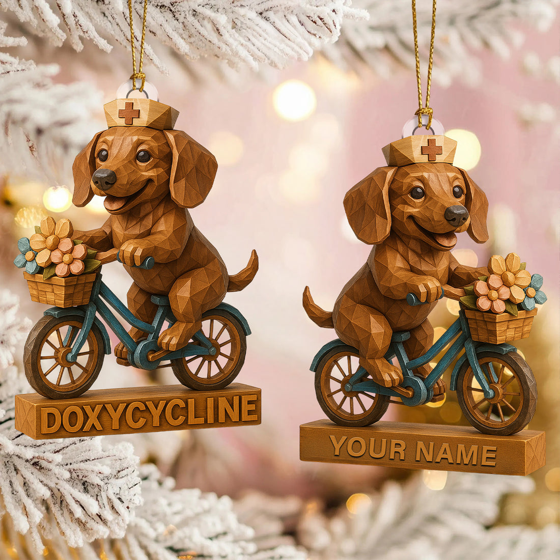 Personalized Dog Cycling Christmas Decor, Custom Name Dachshund Nurse Ornament, Nursing Gift For Dog Lovers