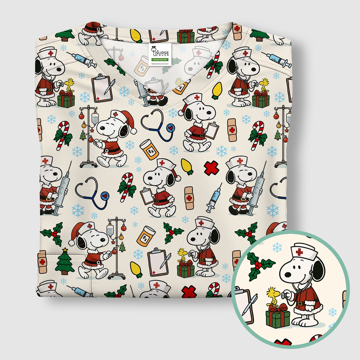 Snoopy Christmas Nurse Scrub Shirt - Cute Holiday Scrub Top Multi Colors - Funny Nursing Work Shirt with Pockets