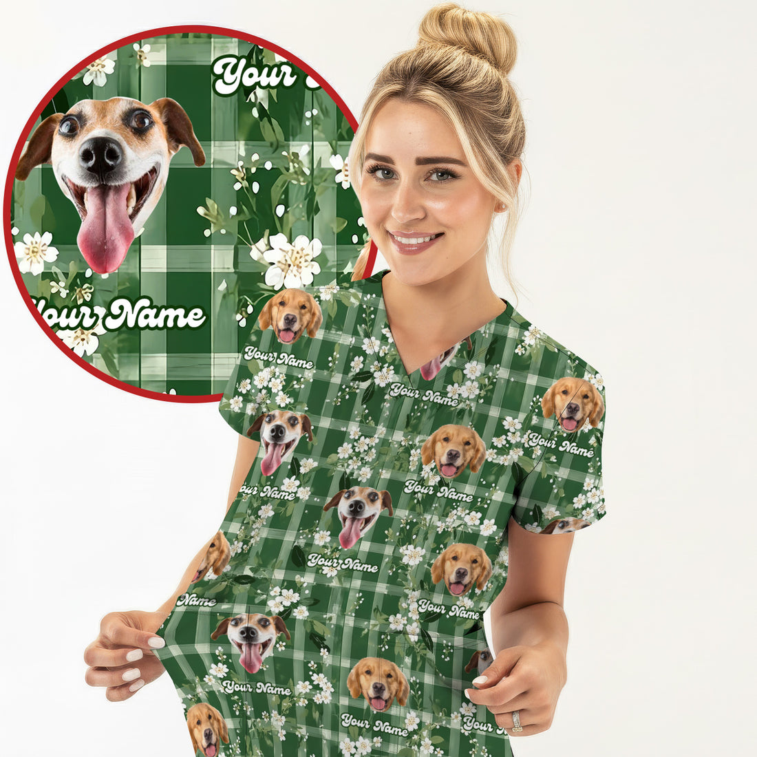 Custom Dog Face Scrub Top, Dog Green Plaid Floral Pattern Shirt, Comfortable Scrubs for Nurses