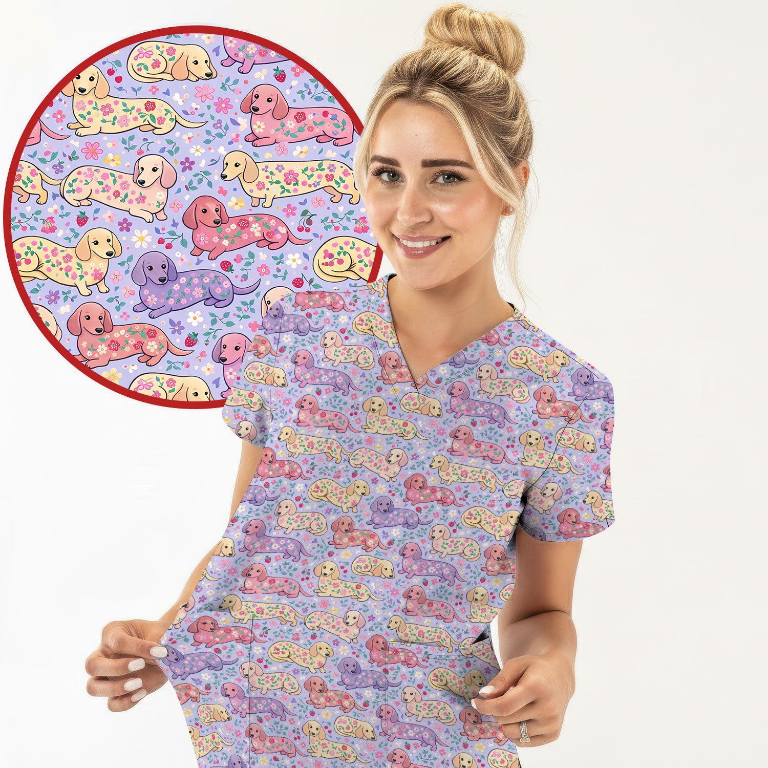 Cute Dachshund Floral Pattern Scrub Top, Comfortable Scrubs For Nurses