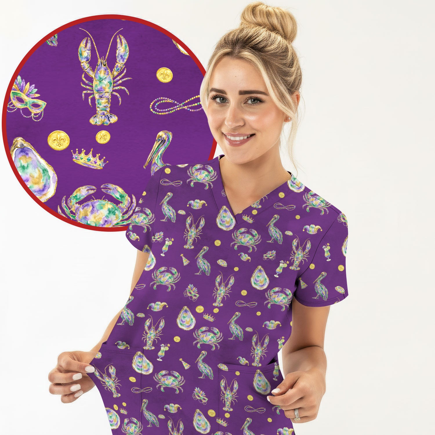 Mardi Gras Seafood Nurse Scrub Top, Comfortable Uniform Scrubs For Nursing
