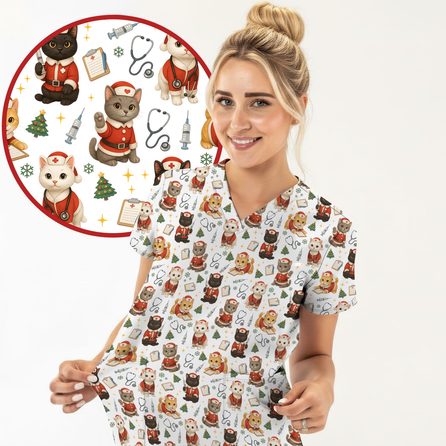 Funny Nurse Scrub Top for Women - Christmas Lucky Cat Design - Cute Holiday Nursing Shirt Gift for RN LPN CNA