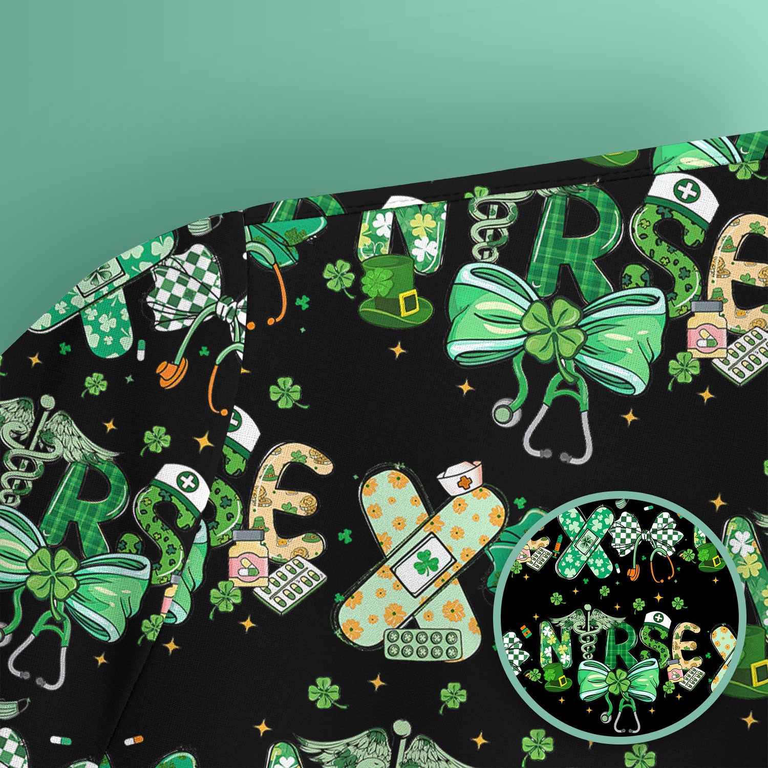 St. Patrick’s Nurse Scrub Top, Lucky Clover And Green Bow Pattern Nurse Shirt, Breathable Fabrics Nursing Uniform