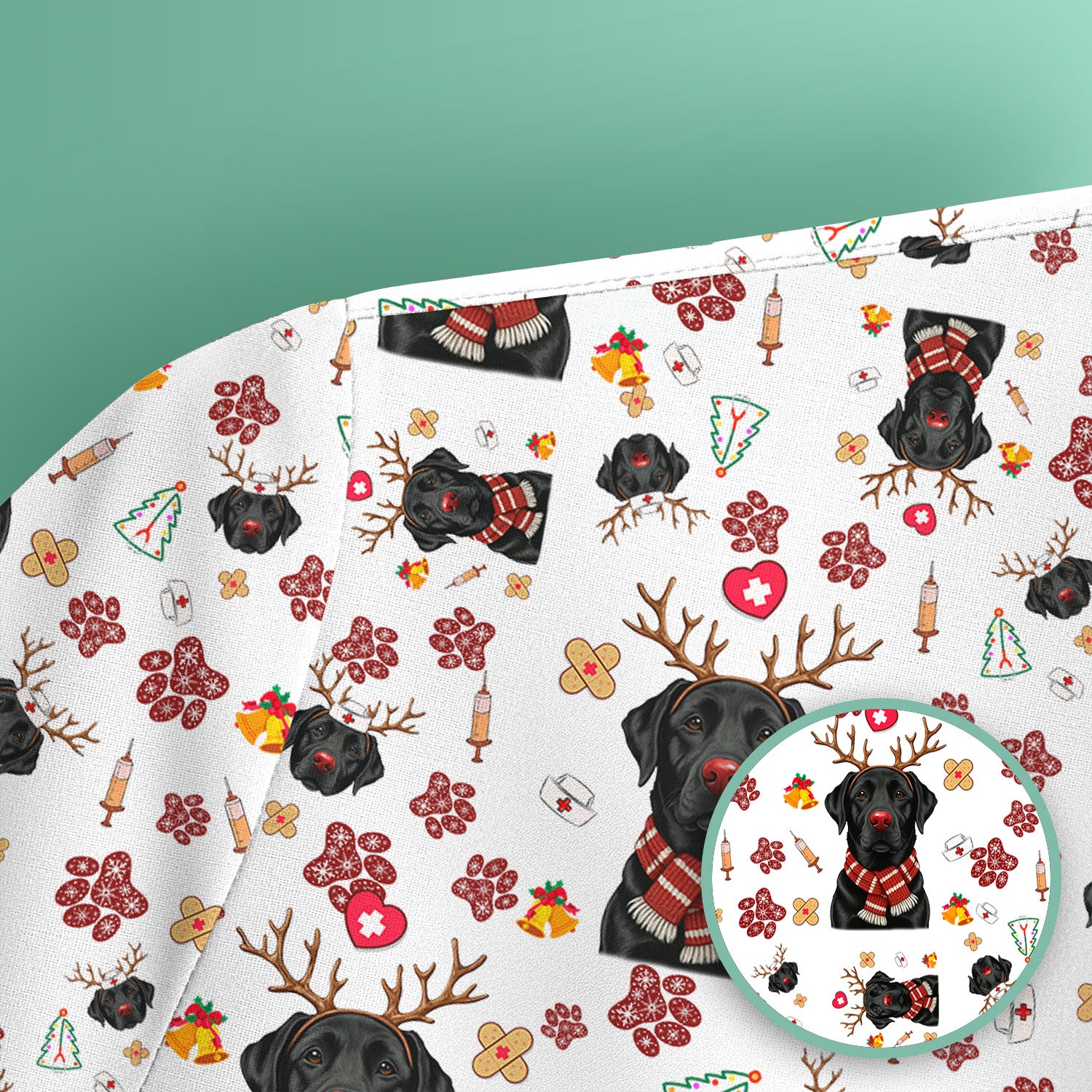 Funny Black Lab Reindeer Scrub Top - Christmas Dog Nurse Shirt - Cute Holiday Medical Uniform Gift for RN LPN CNA