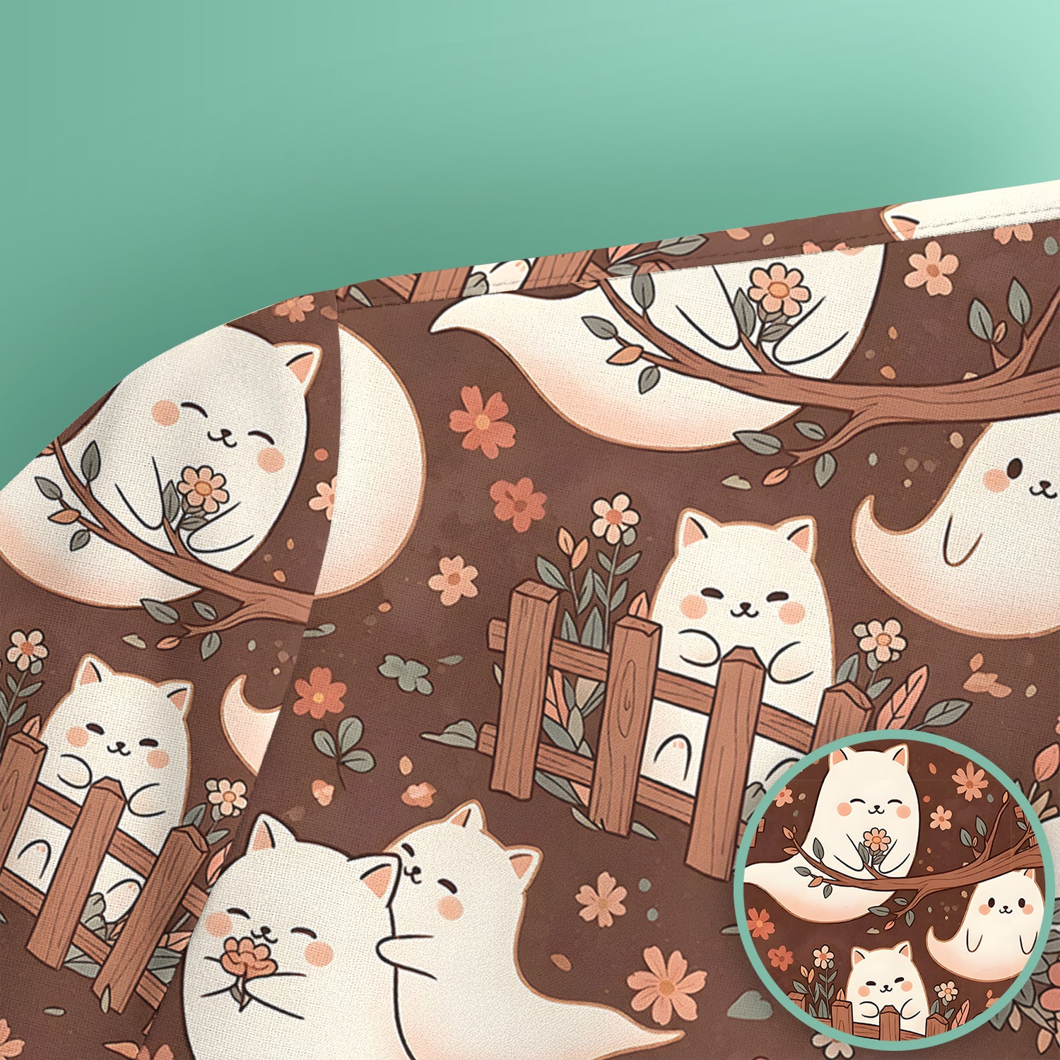Floral Cat with Garden Fence Print Scrub Top, Comfortable Scrubs for Nurses