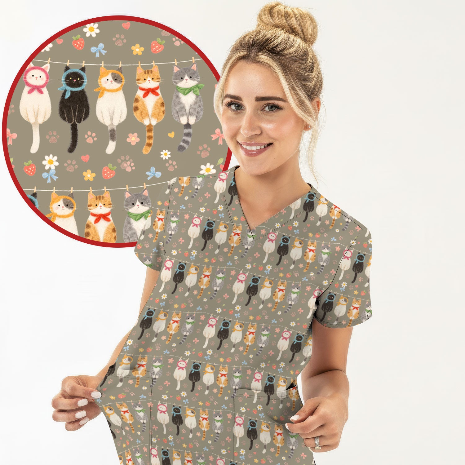 Cute Cat Clothesline Pattern Scrub Top, Comfortable Scrubs for Nurses