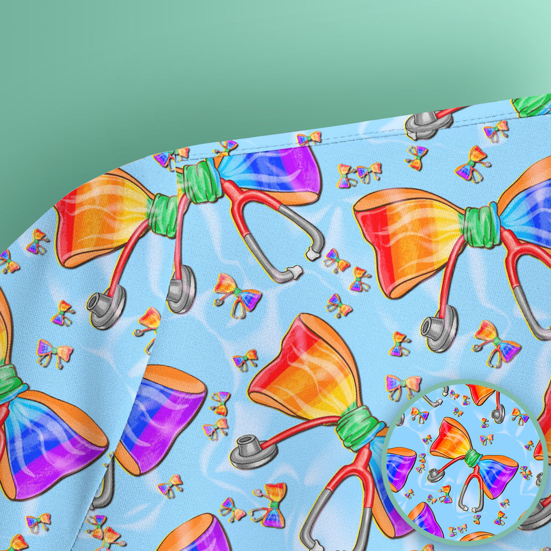 Colorful Rainbow Bow Stethoscope Pattern Scrub Top, Breathable Fabrics Nursing Uniform