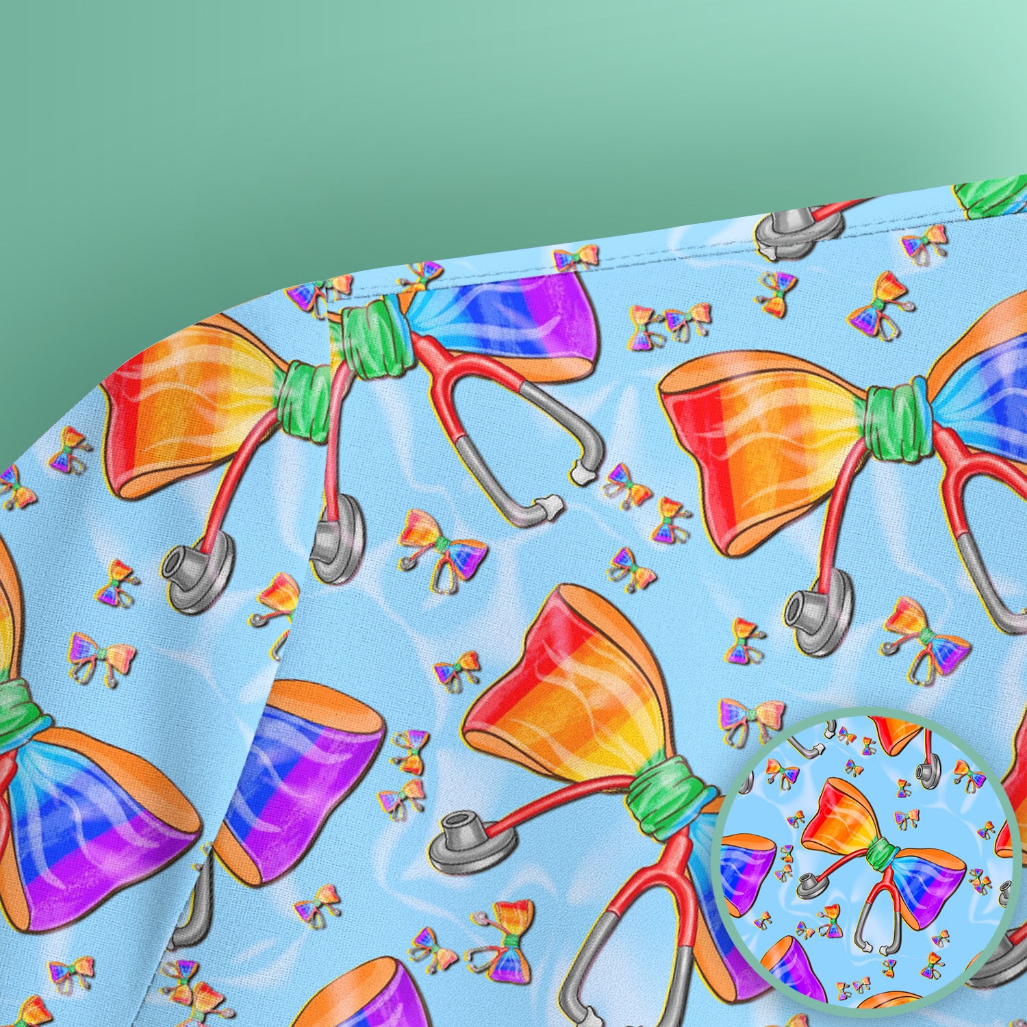 Colorful Rainbow Bow Stethoscope Pattern Scrub Top, Breathable Fabrics Nursing Uniform