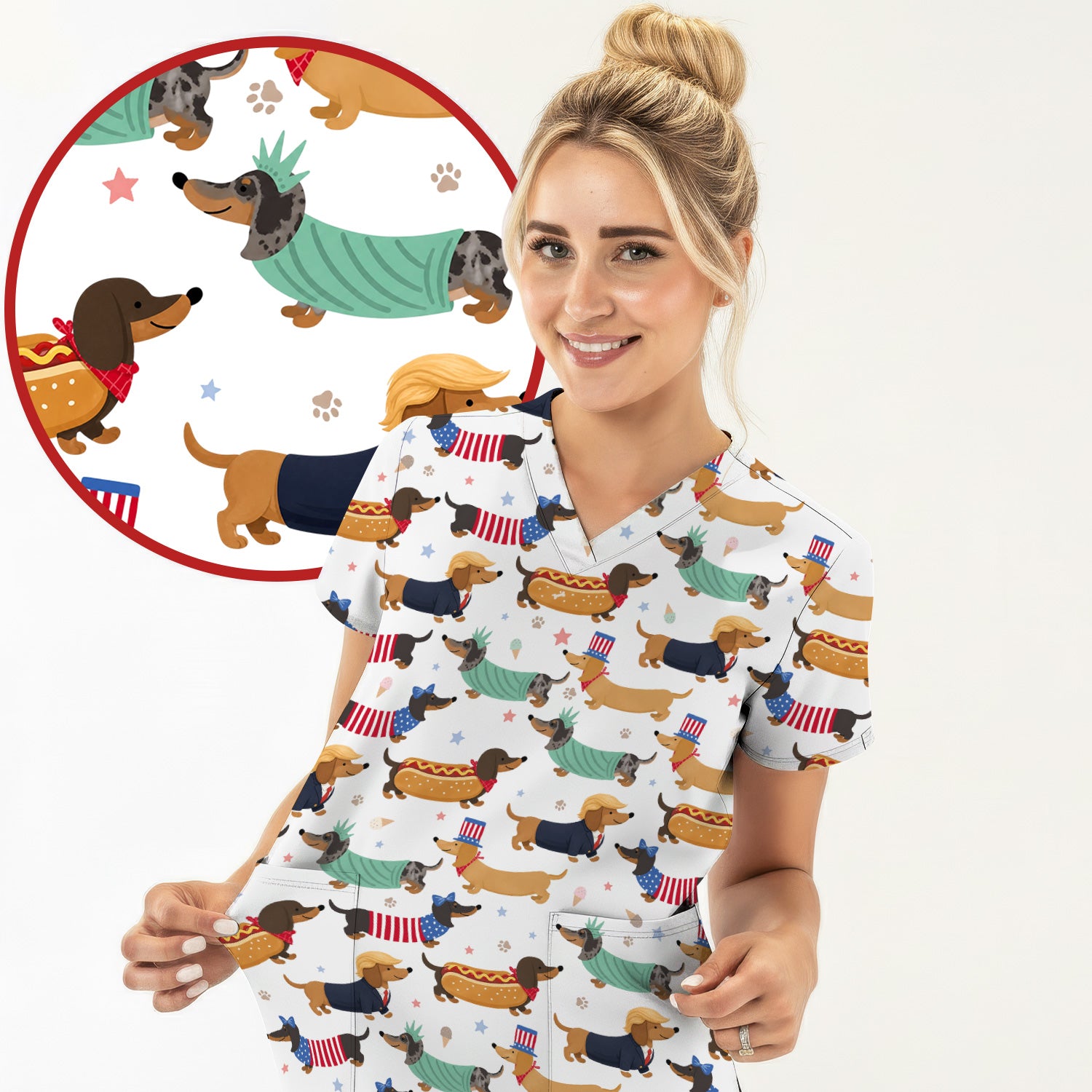 Funny Patriotic Dachshund Costume Dogs Pattern Scrub Top, Breathable Fabrics Nursing Uniform