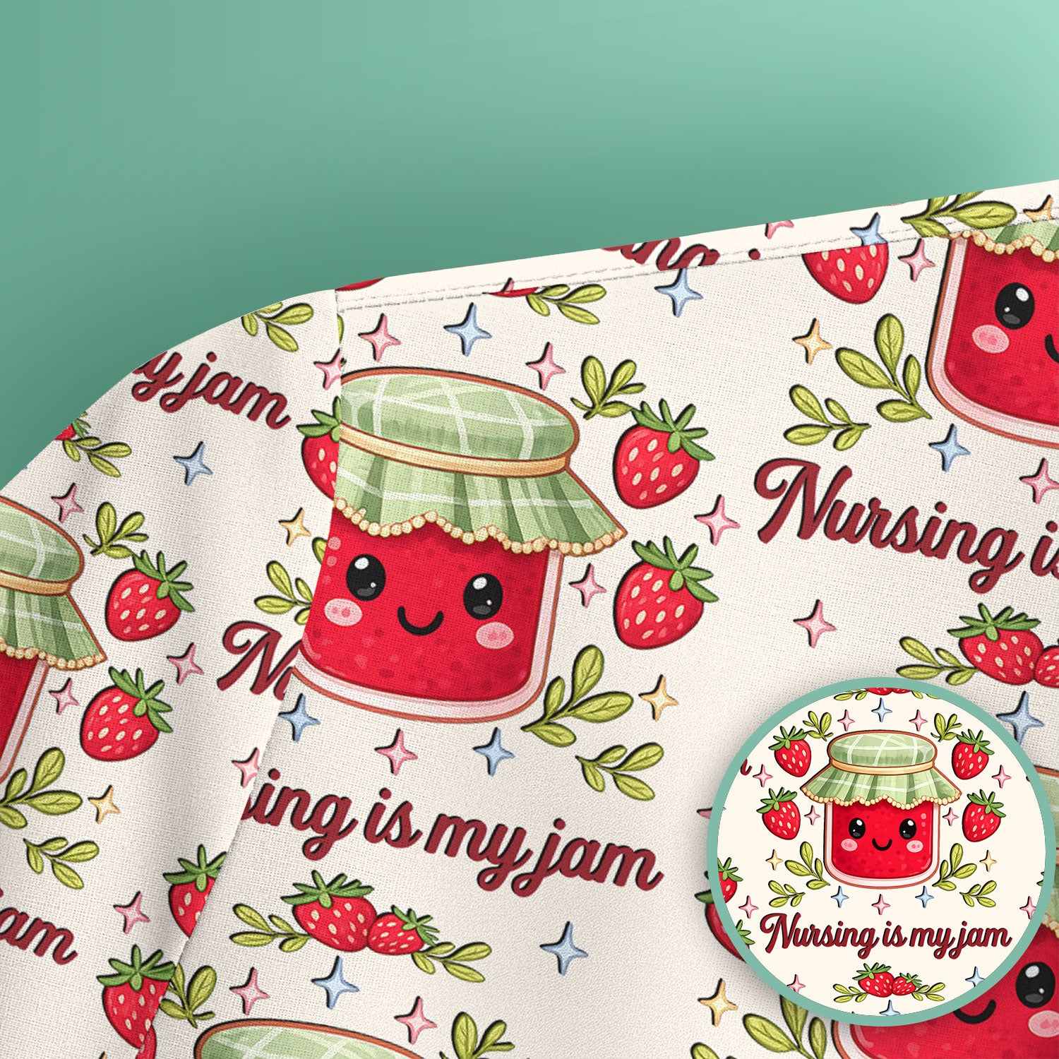 Cute Strawberry Jam Nurse Pattern Scrub Top, Breathable Fabrics Nursing Uniform