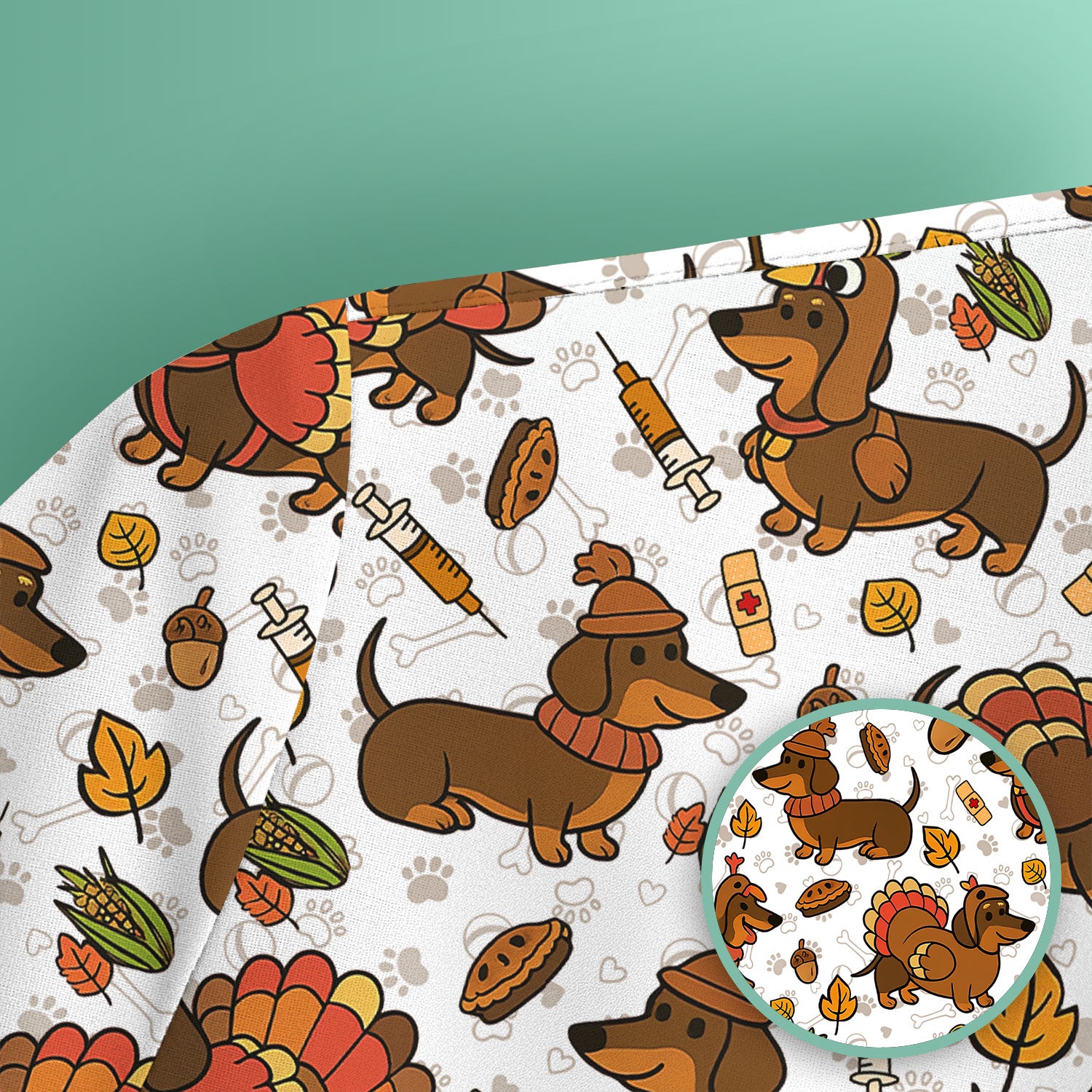 Thanksgiving Dachshund Scrubs Top - Cute Dog Turkey Medical Uniform Shirt for Nurses - Funny Holiday Gift