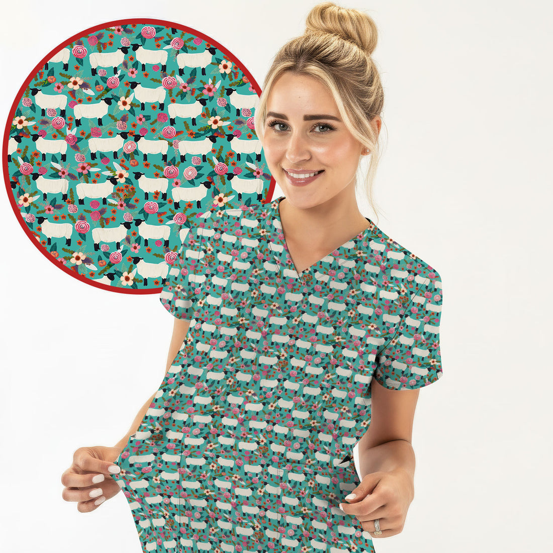 Cute Sheep Floral Meadow Pattern Scrub Top, Comfortable Scrubs For Nurses