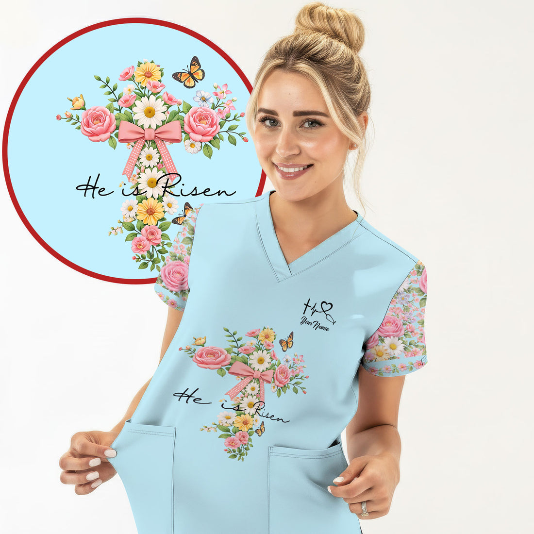 Personalized Meaningful Easter Nurse He Is Risen Floral Cross Bow Pattern Scrub Top, Comfortable Scrubs for Nurses
