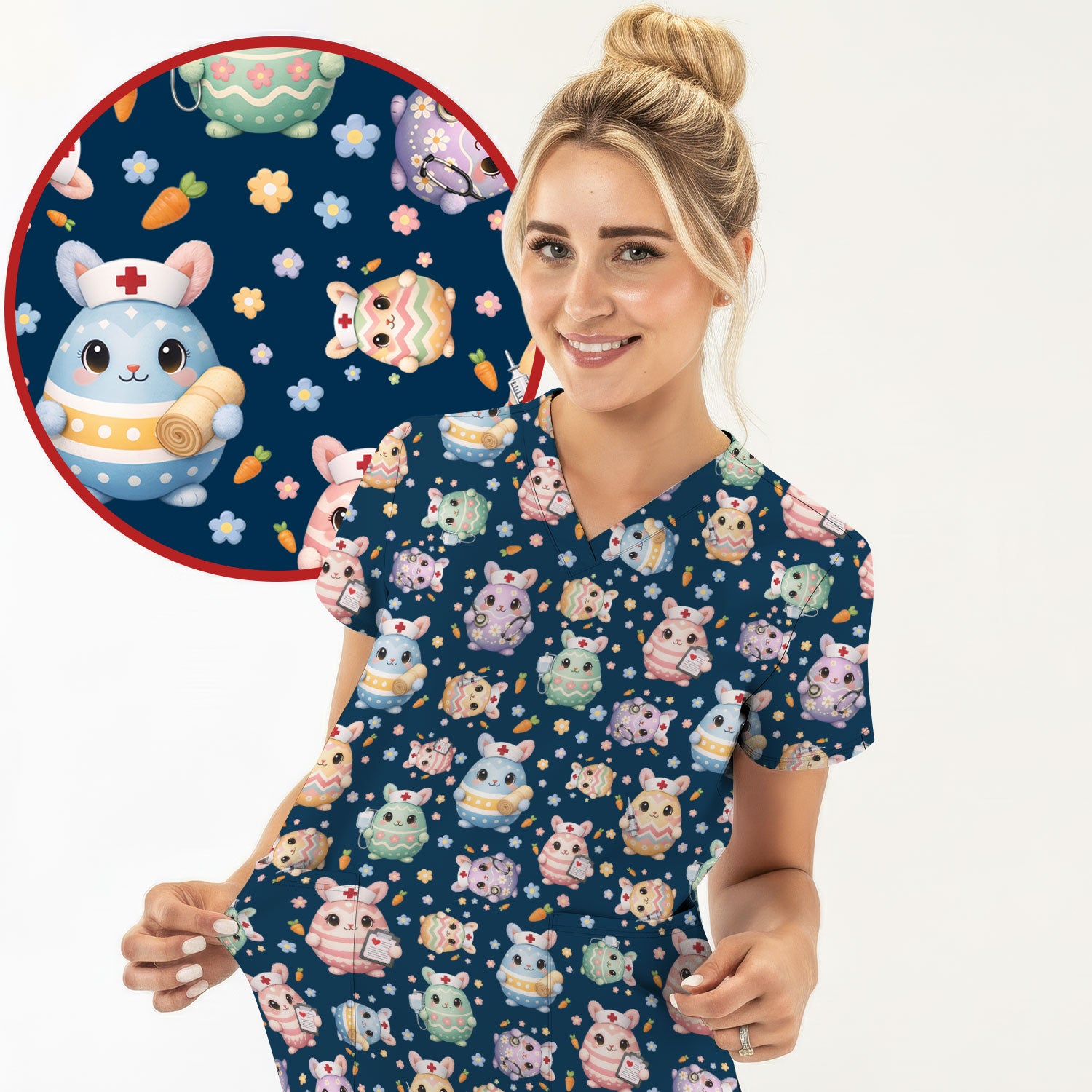 Cute Nurse Bunny Pastel Floral Print Scrubs, Breathable Fabrics Nursing Uniform, Easter