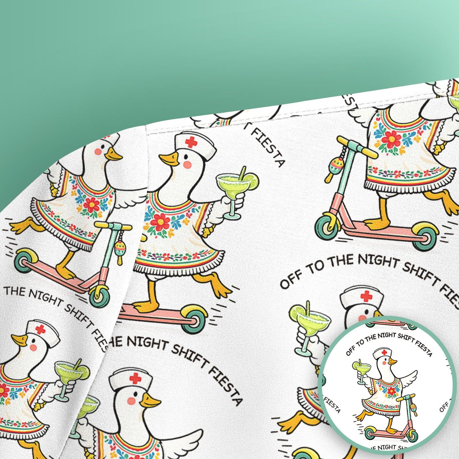 Funny Duck Scooter Night Shift Fiesta Scrub Top, Comfortable Scrubs for Nurses