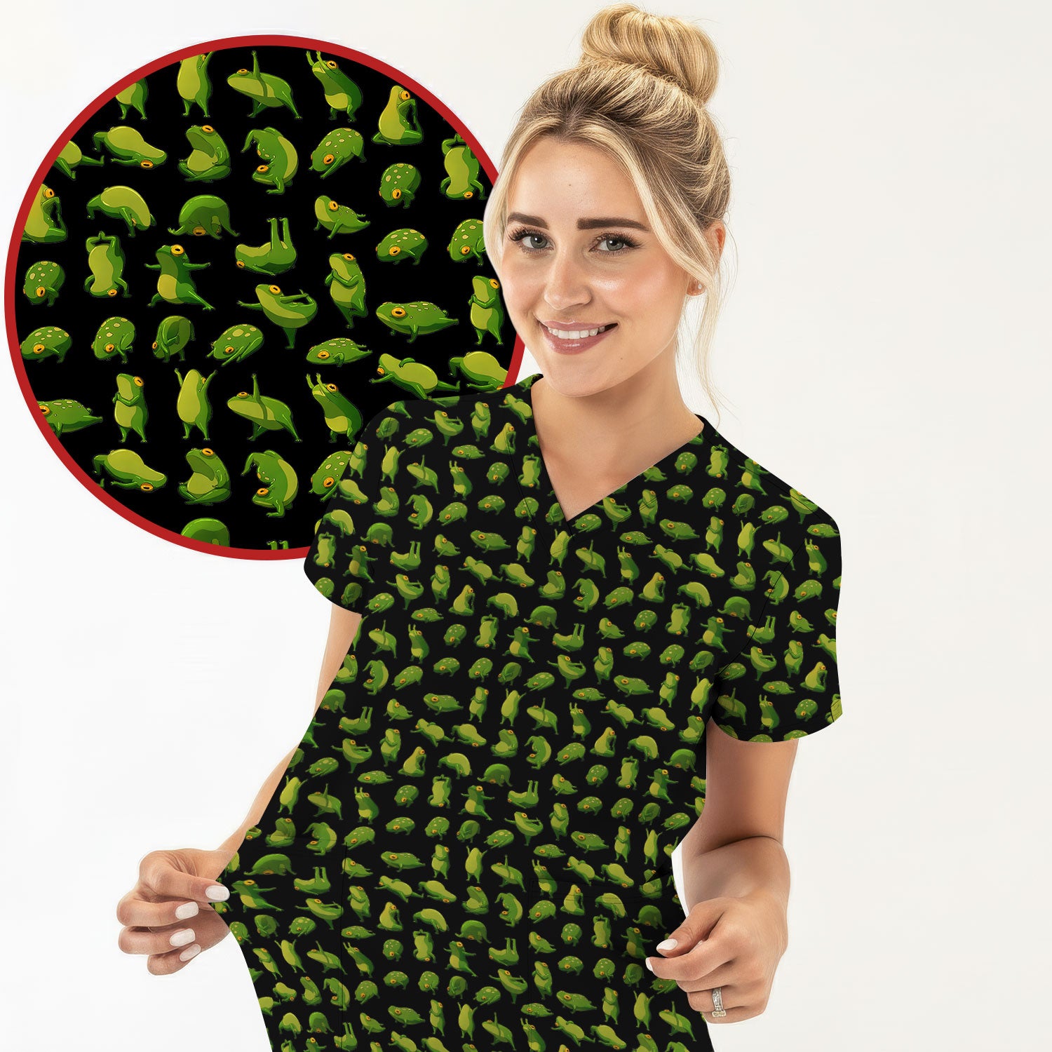Cute Frog Cartoon Pattern Scrub Top, Comfortable Scrubs for Nurses