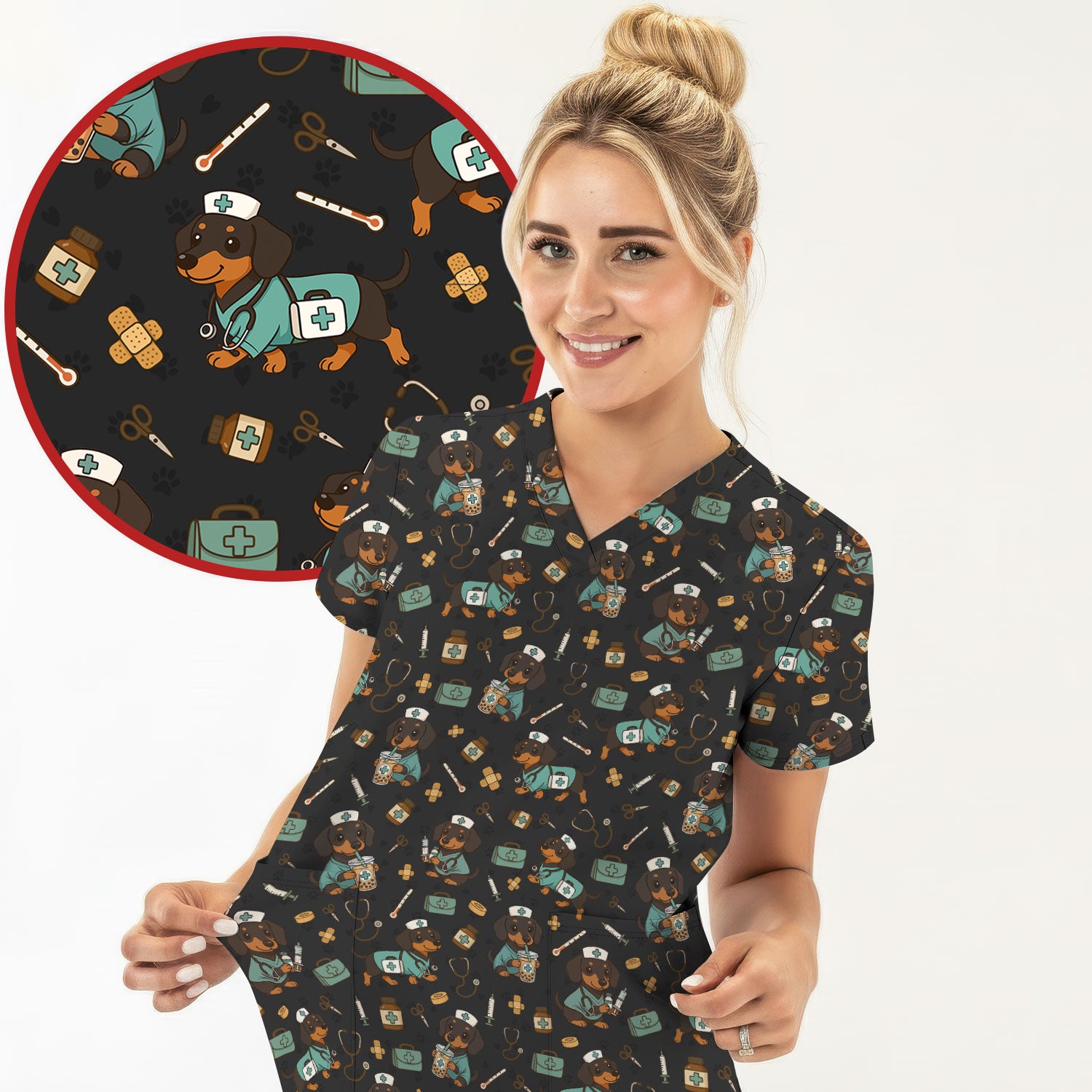 Funny Dachshund Nurse Scrubs - Cute Dog Print Medical Shirt - Holiday Nurse Scrub Top Gift for RN CNA Doctor, Women & Men